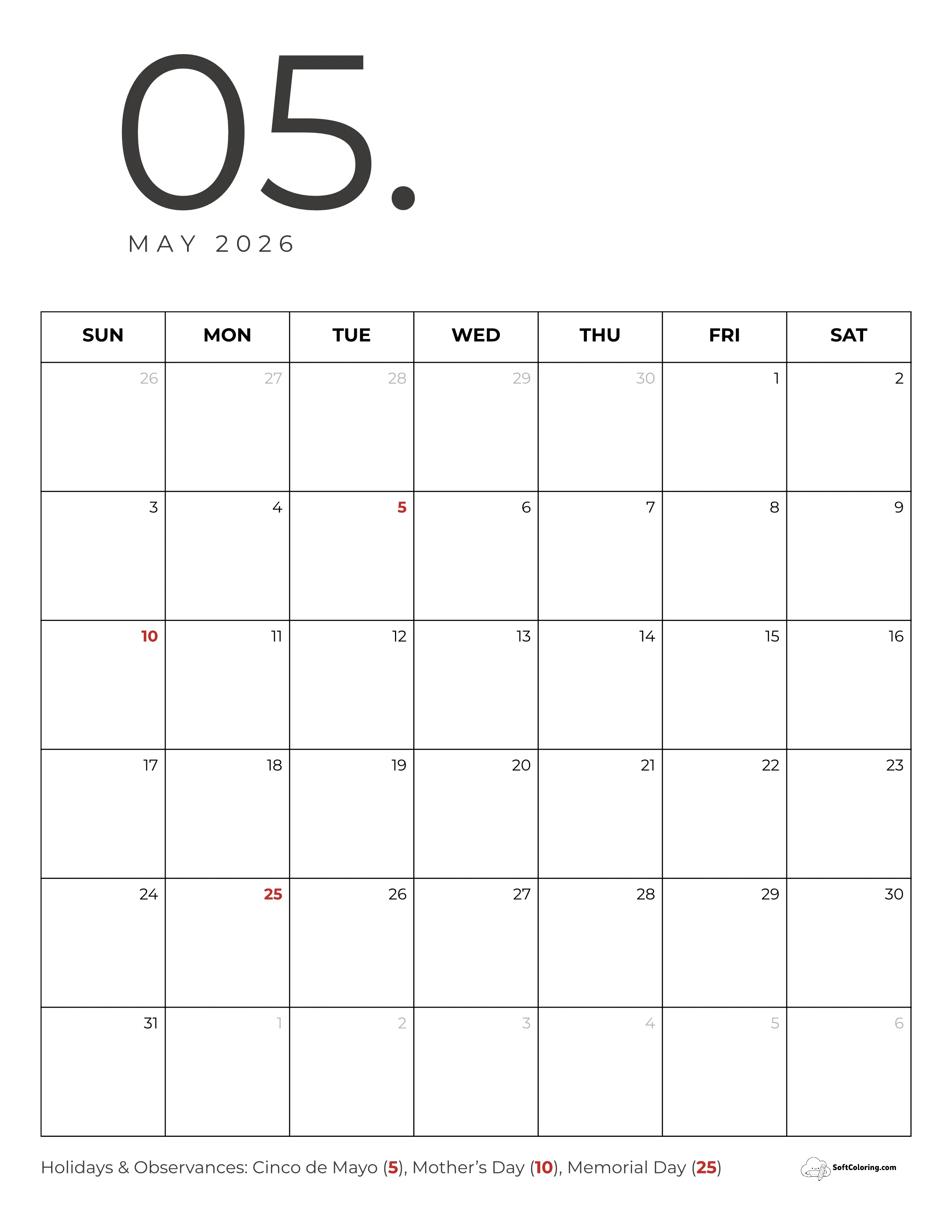 Portrait Minimalist May 2026 Calendar Template