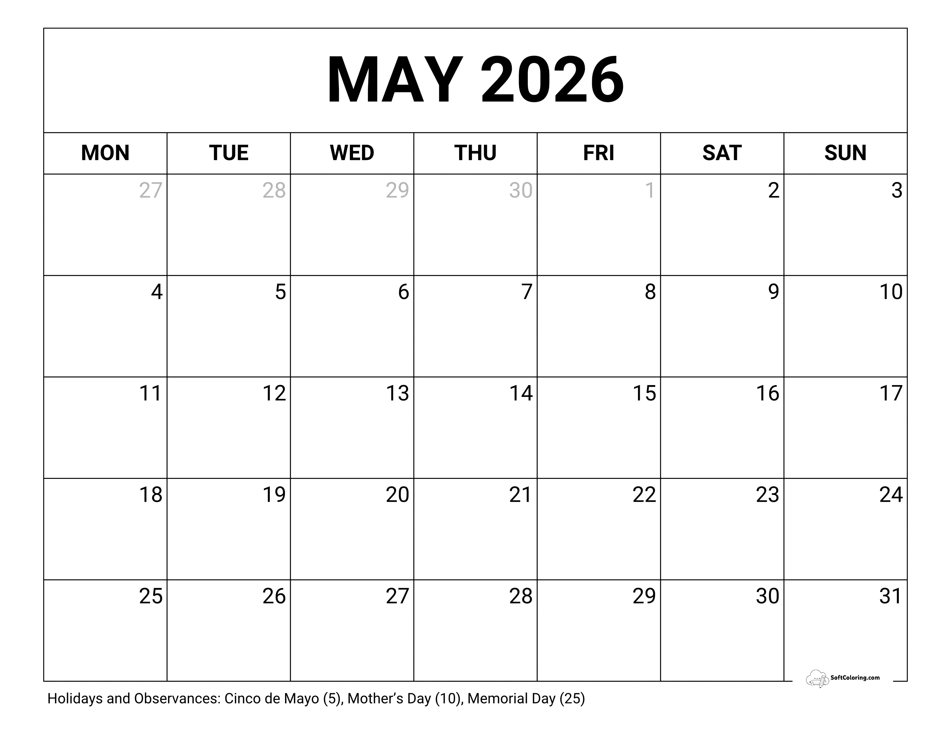 Blank - May 2026 Monday Calendar