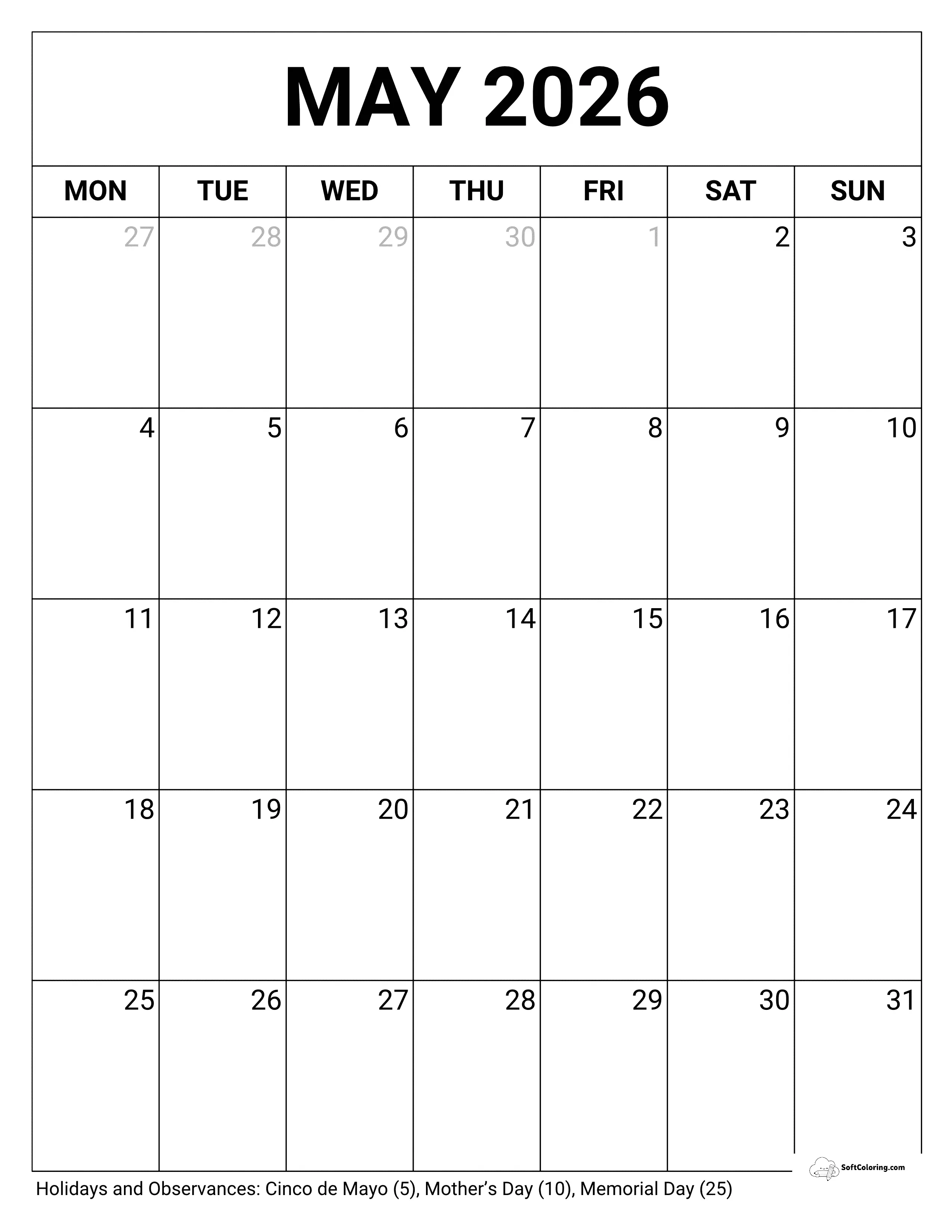 Blank Portrait - May 2026 Monday Calendar