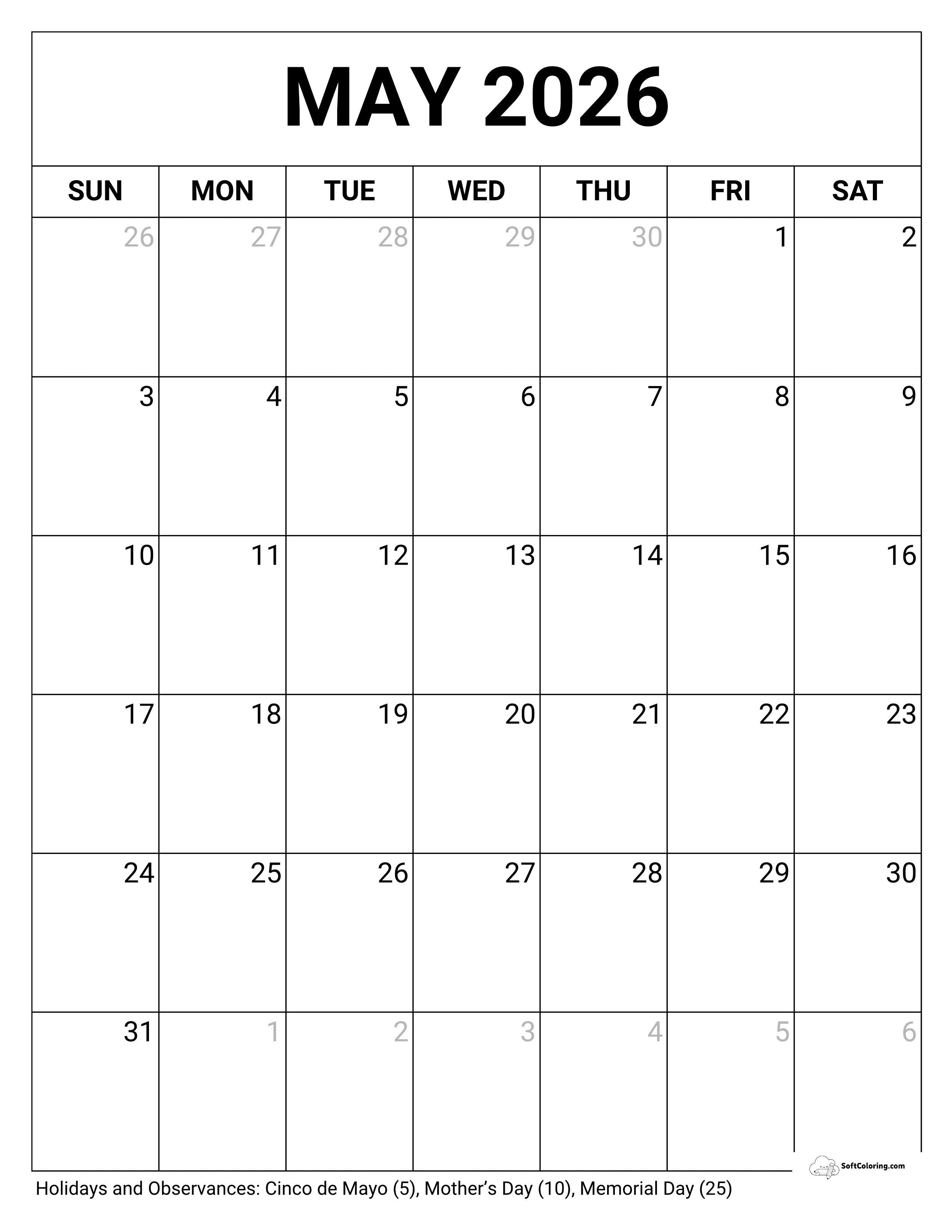 Portrait Blank May 2026 Calendar Template