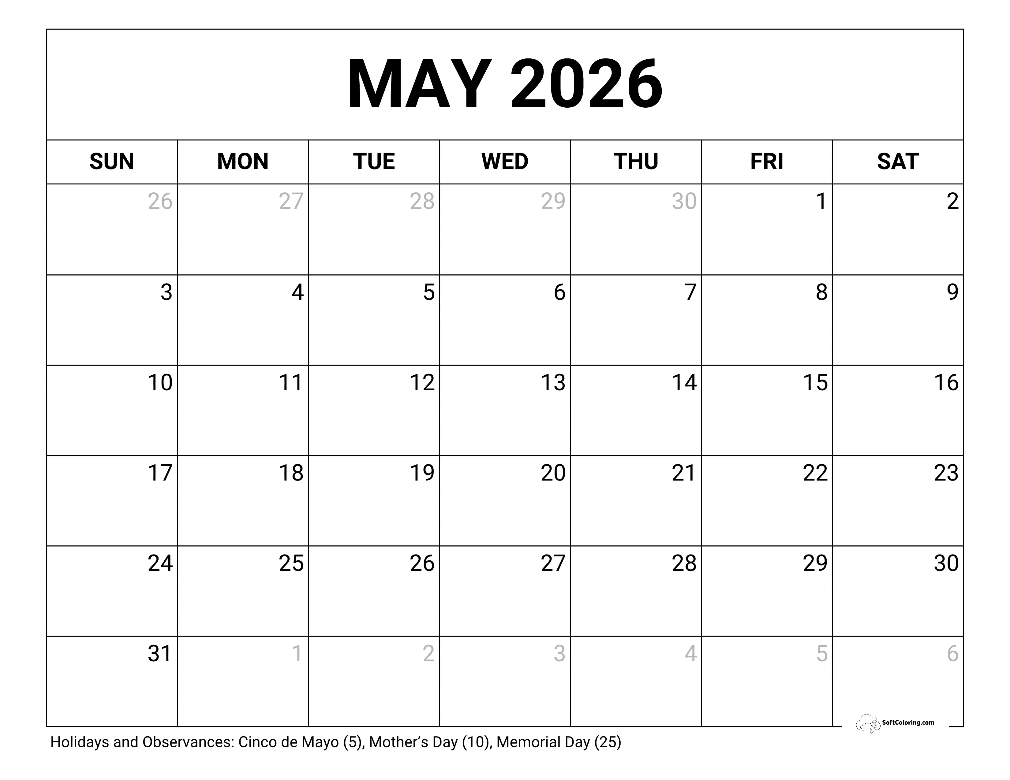 Blank May 2026 Calendar