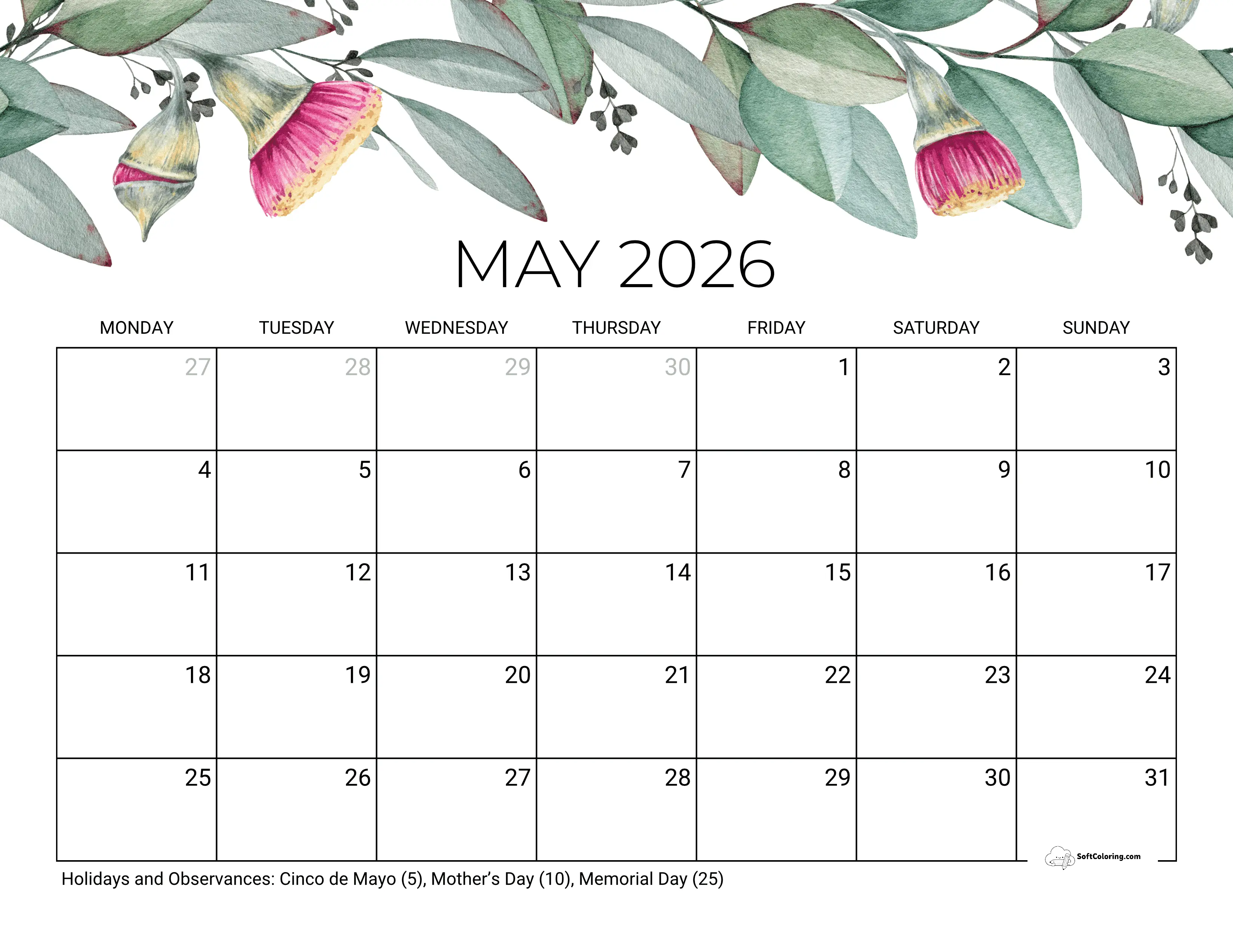 Eucalyptus - May 2026 Monday Calendar