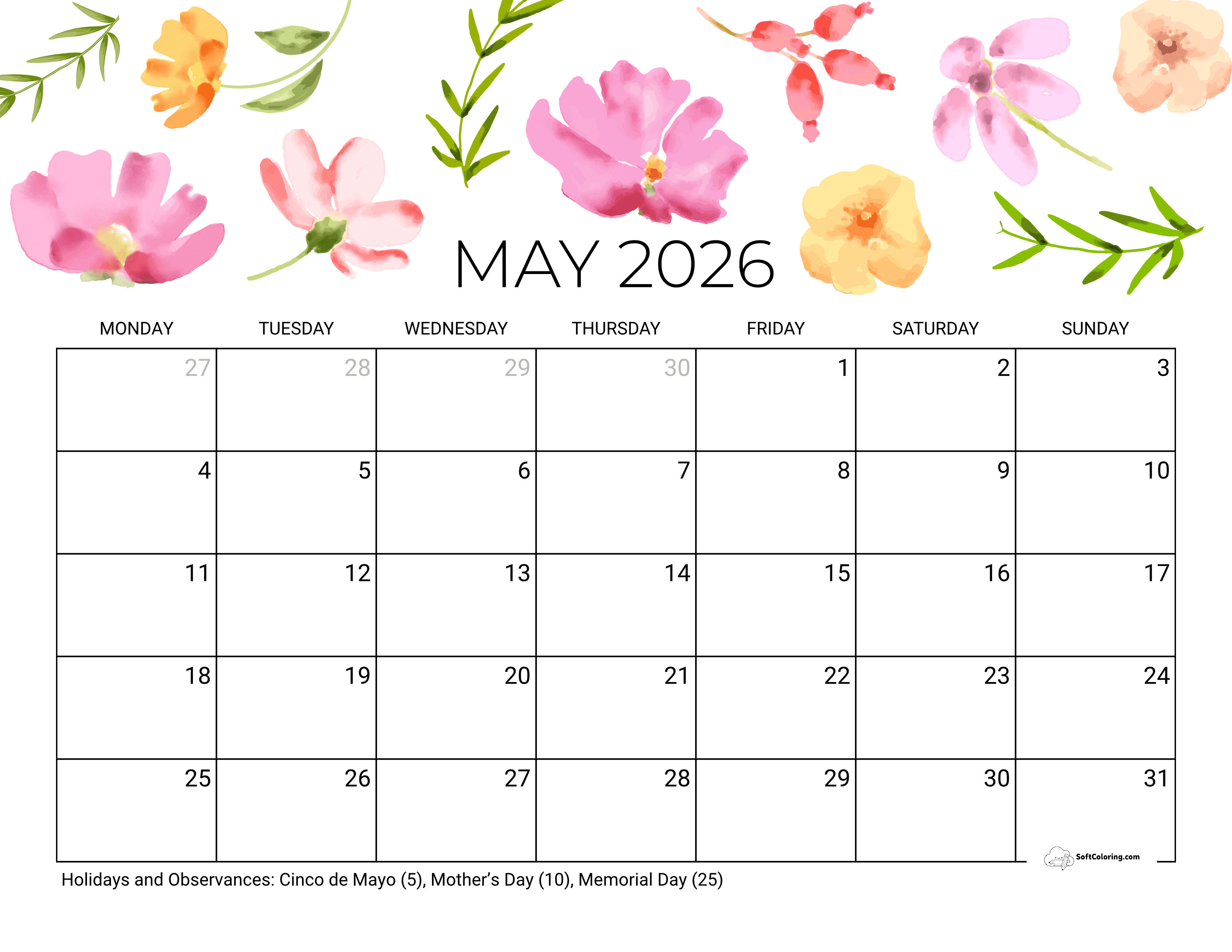 Mother's Day - May 2026 Monday Calendar