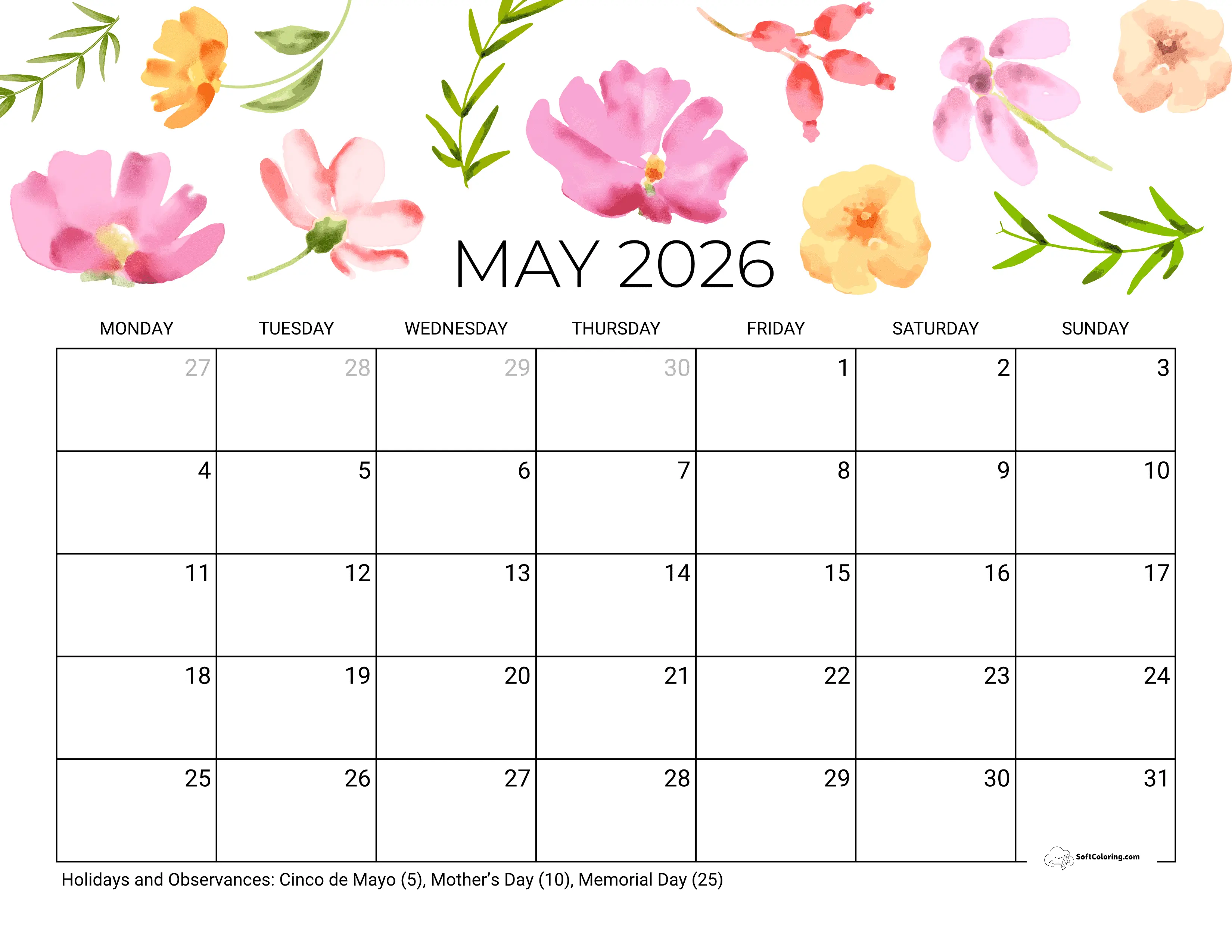 Mother's Day - May 2026 Monday Calendar