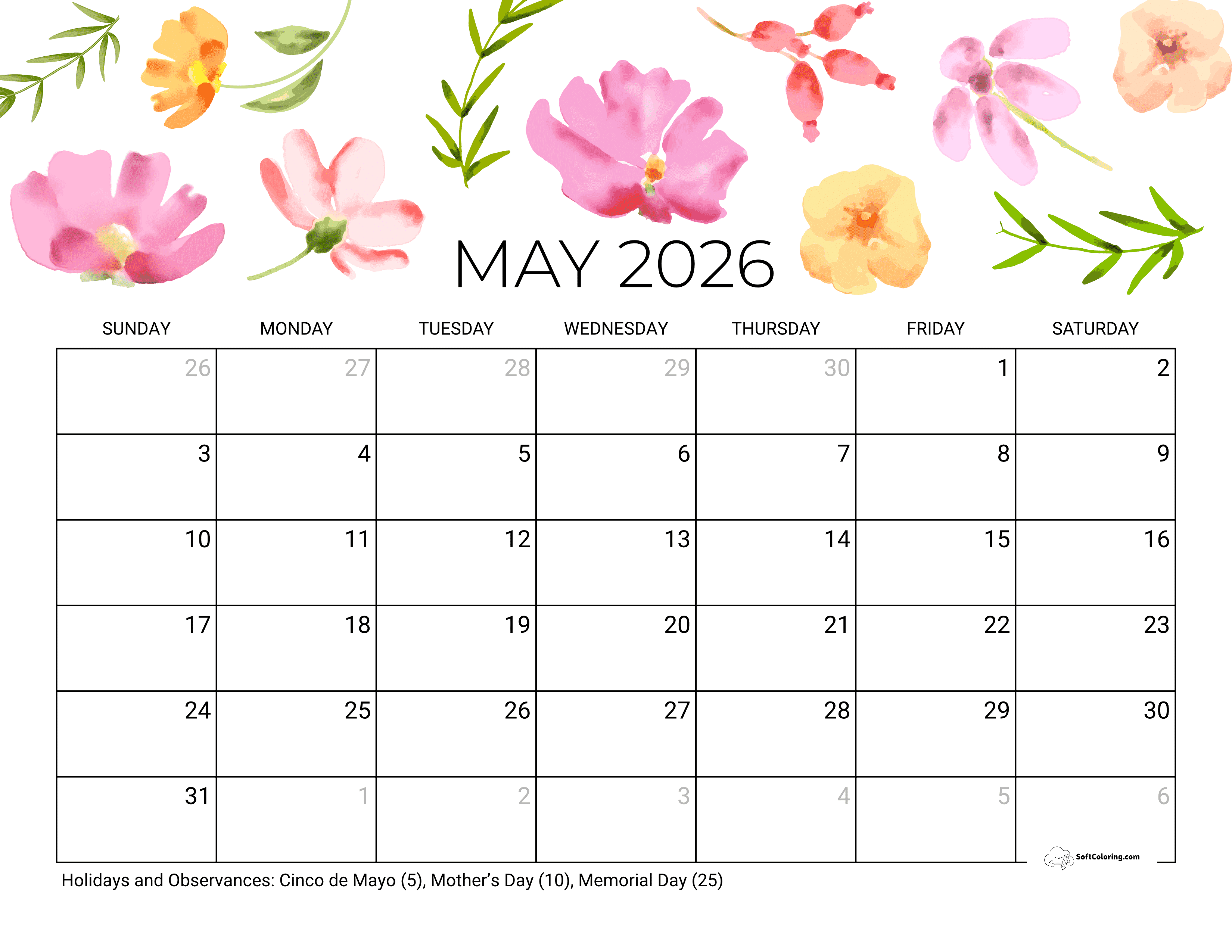 Flowers May 2026 Calendar