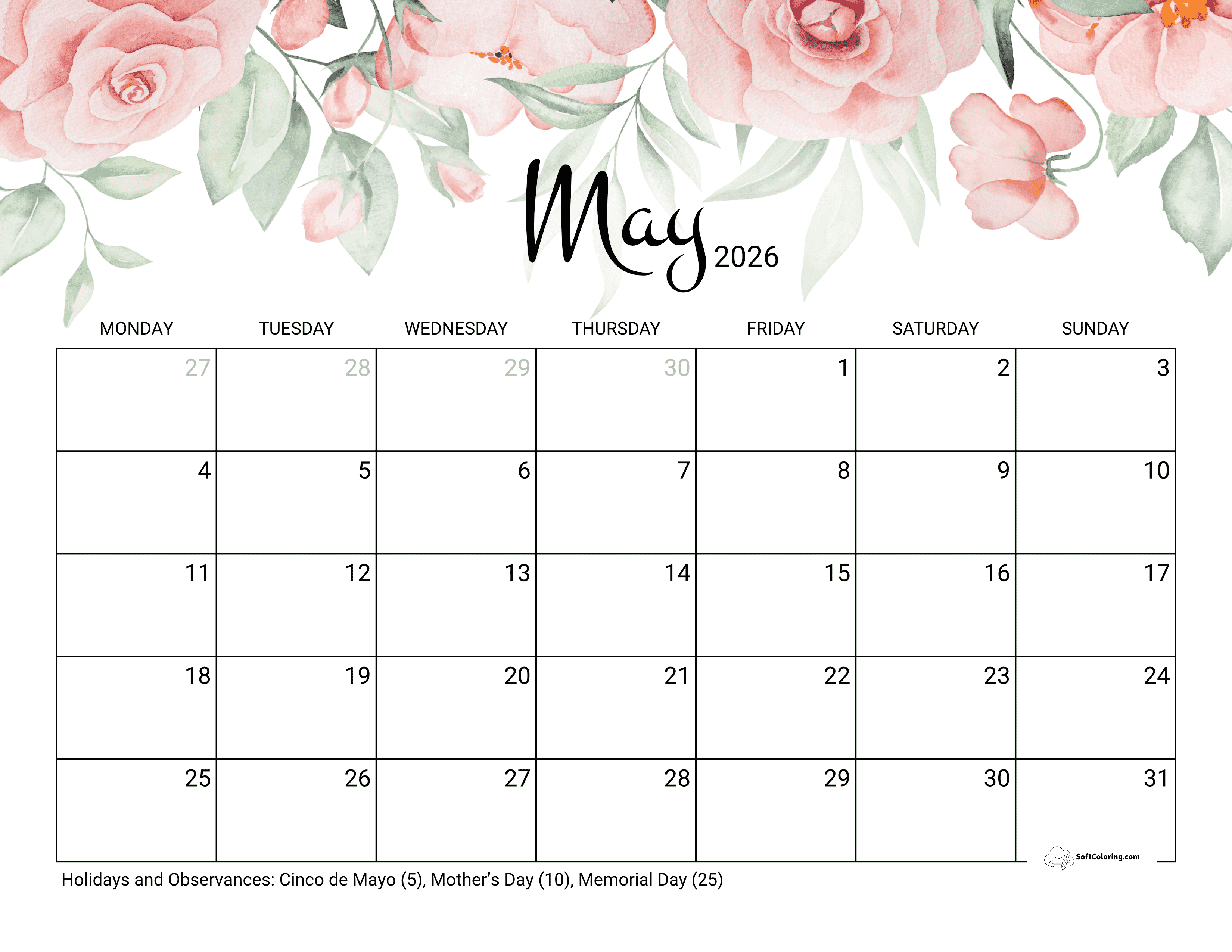 Roses - May 2026 Monday Calendar