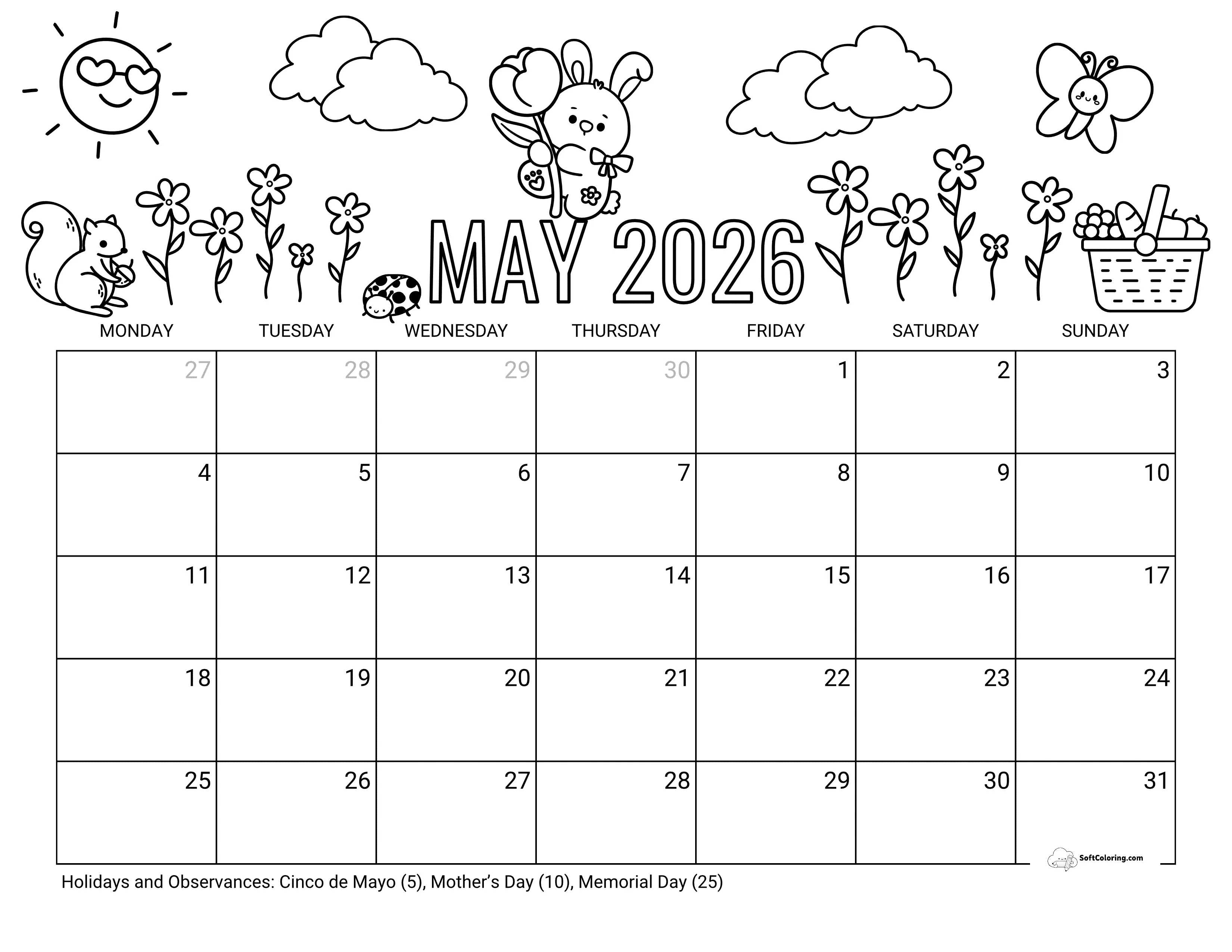 Coloring - May 2026 Monday Calendar