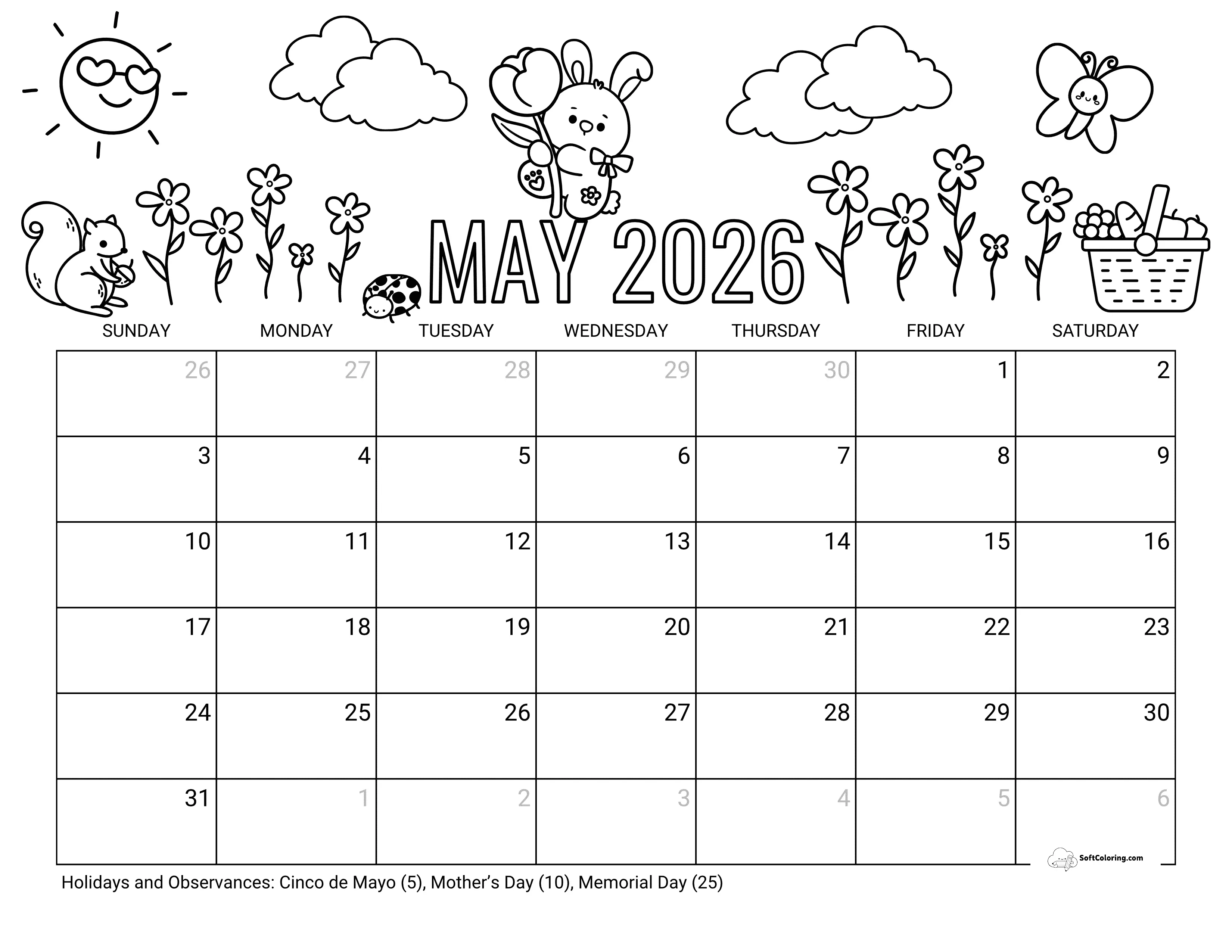 Cute Spring May Calendar 2026 Printable To Color