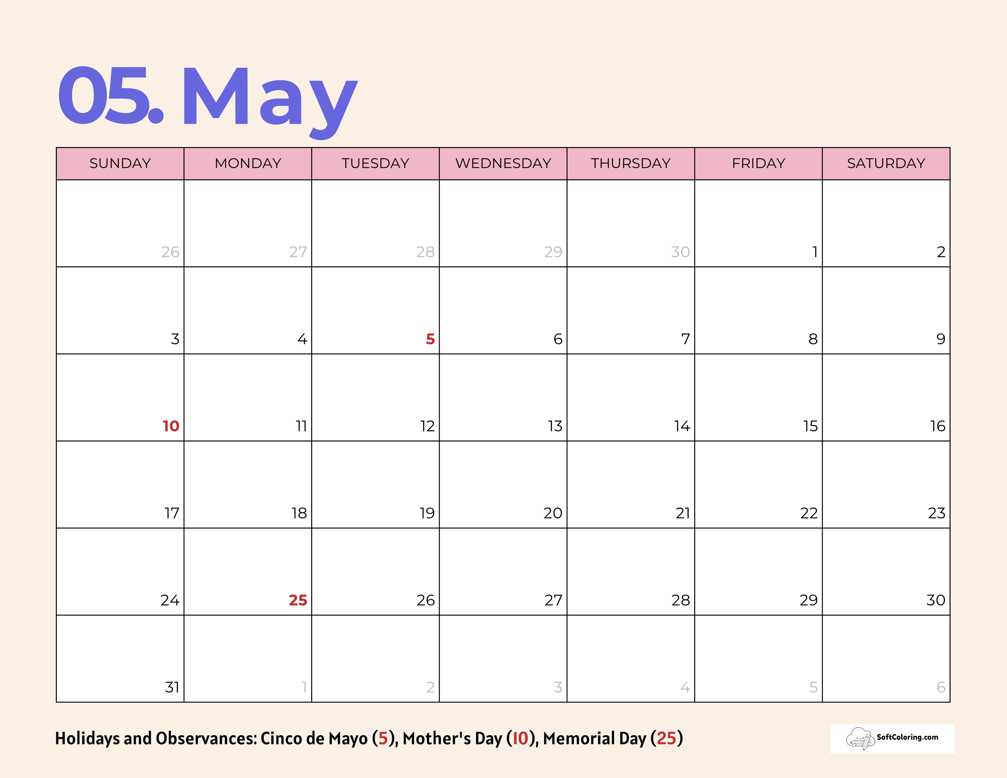 Purple And Pink Simple May Calendar 2026 Download