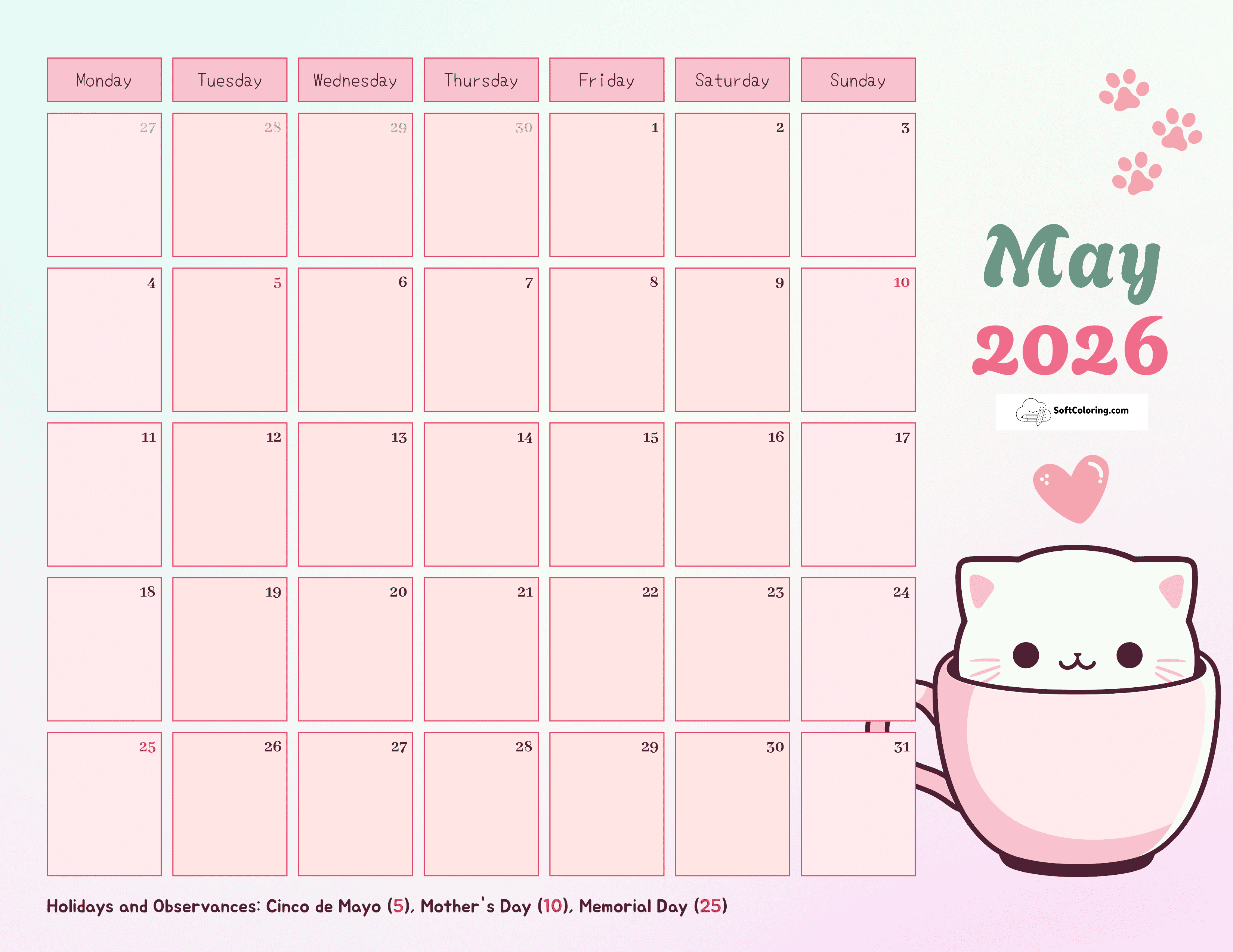 Kitty - May 2026 Monday Calendar