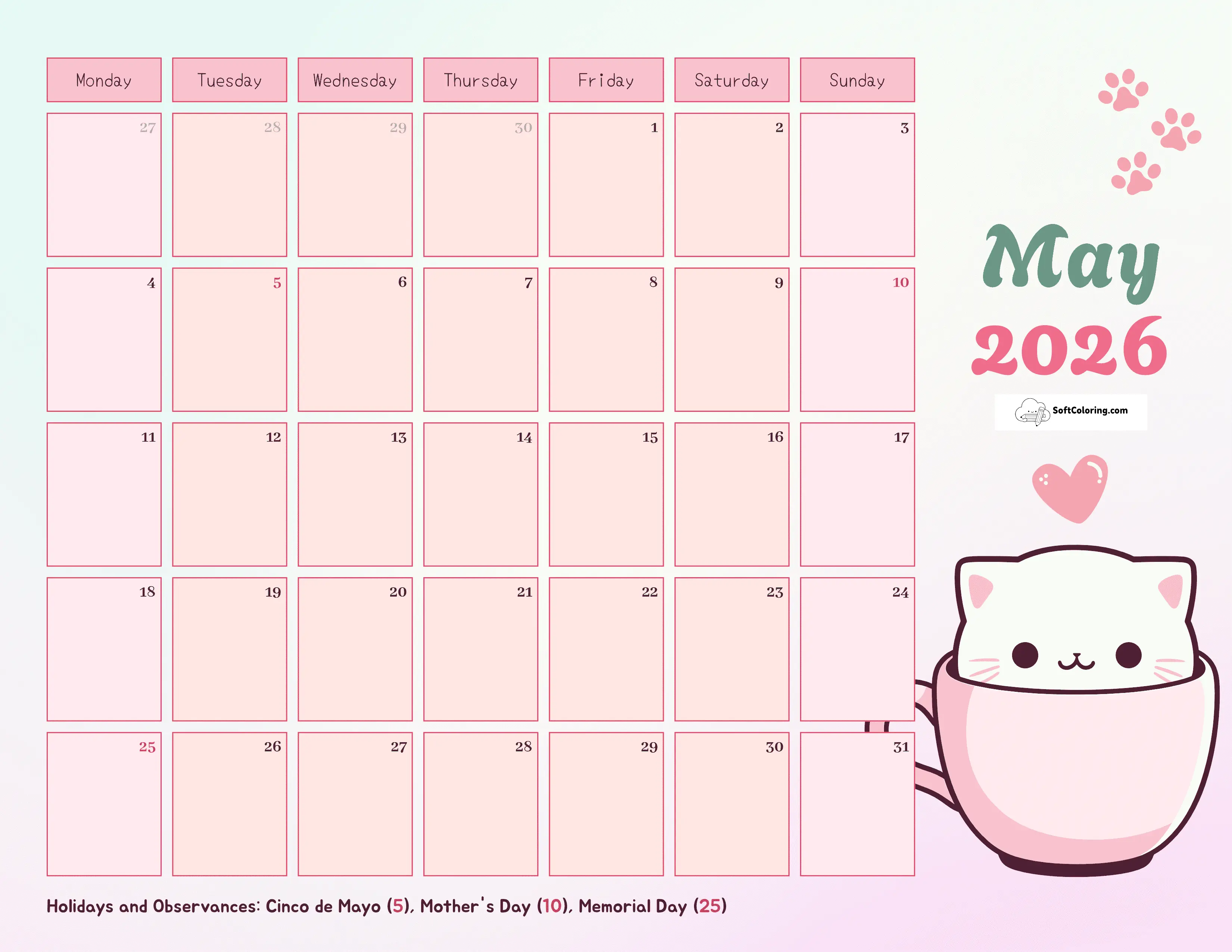 Kitty - May 2026 Monday Calendar
