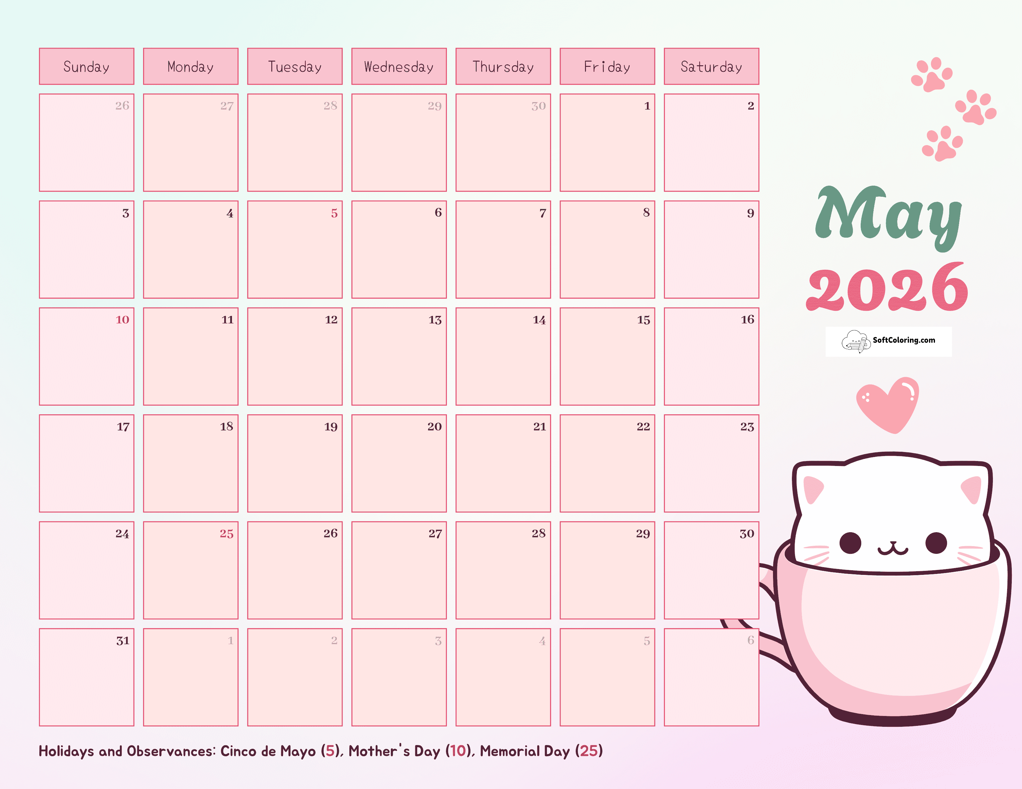 Colorful Cartoon Cat May 2026 Calendar To Download