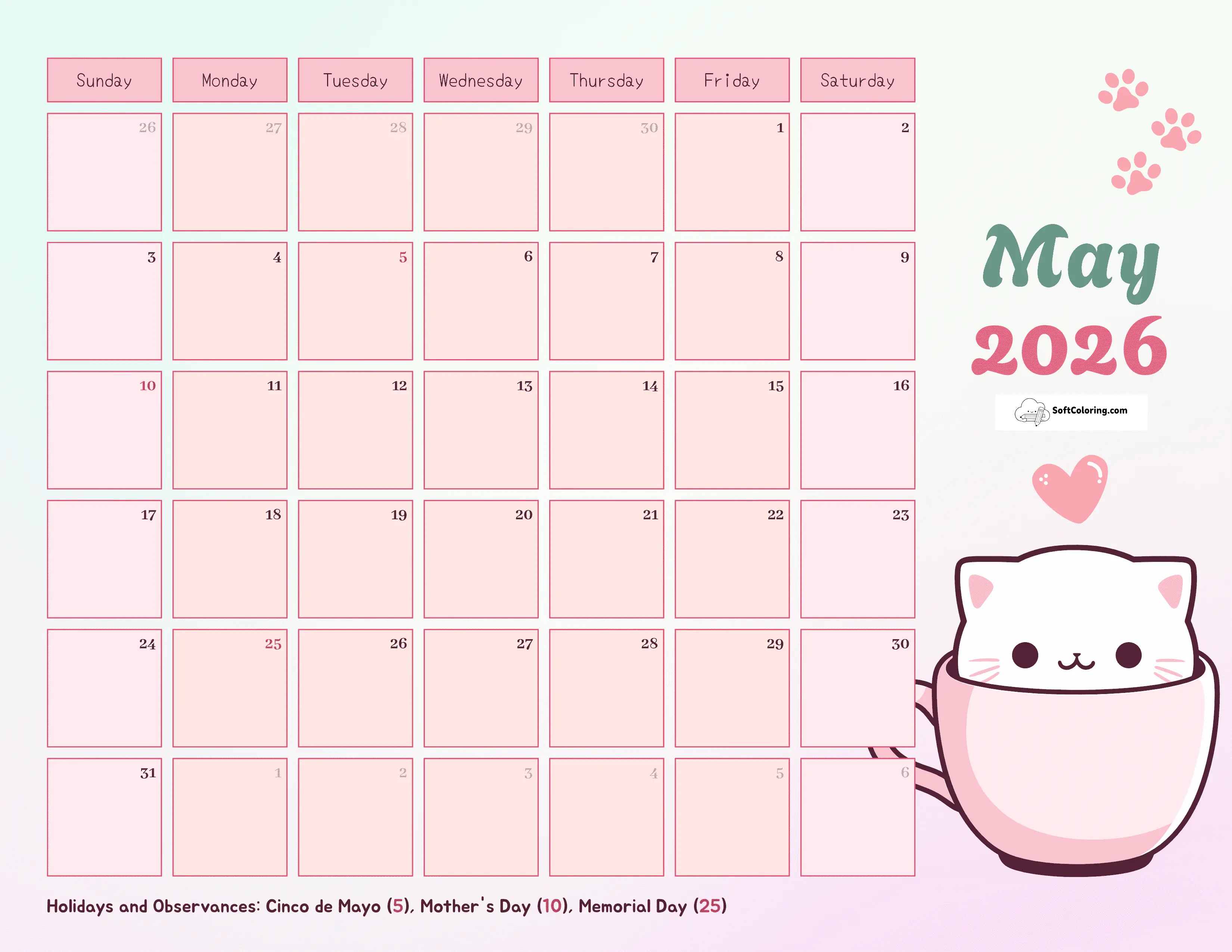 Colorful Cartoon Cat May 2026 Calendar To Download