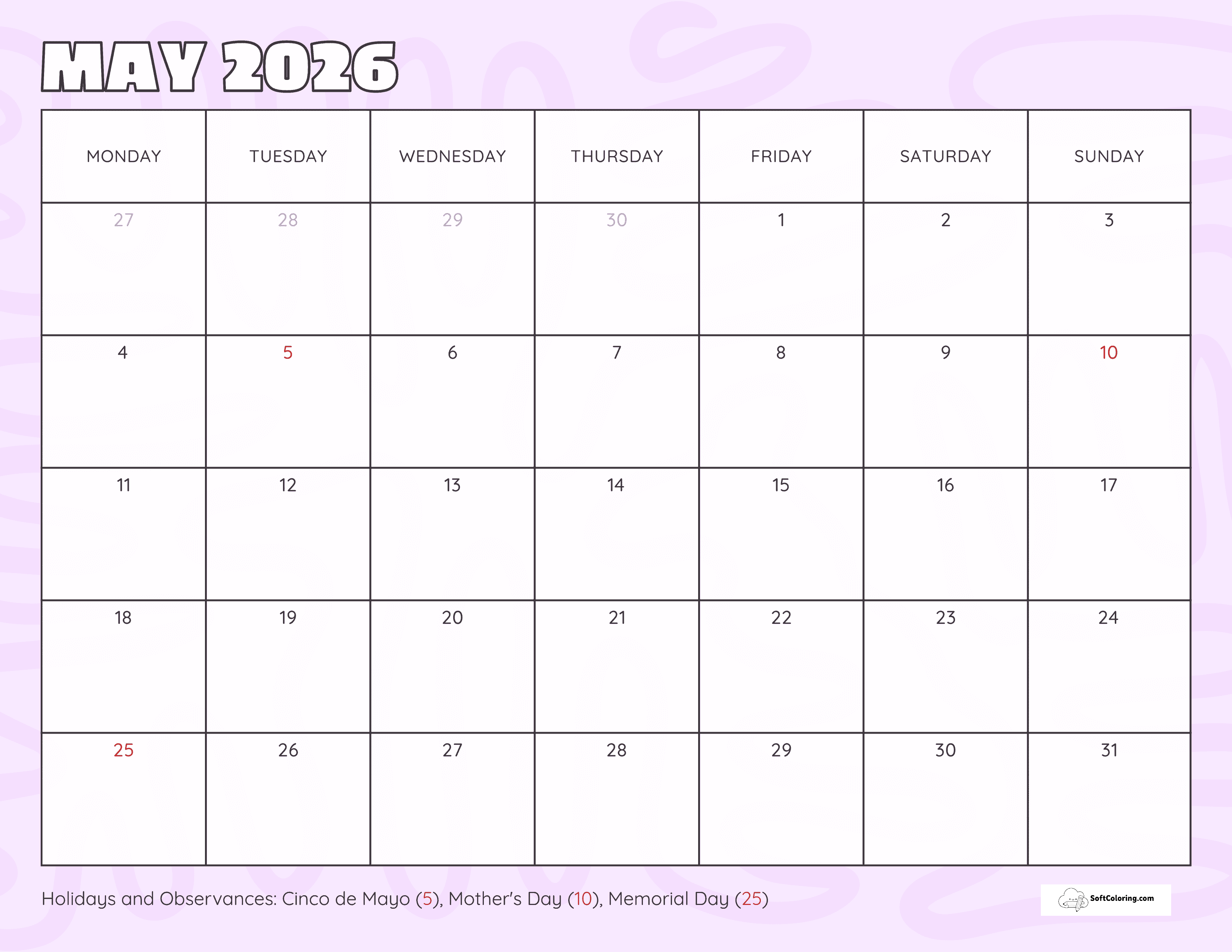 Simple Lilac - May 2026 Monday Calendar