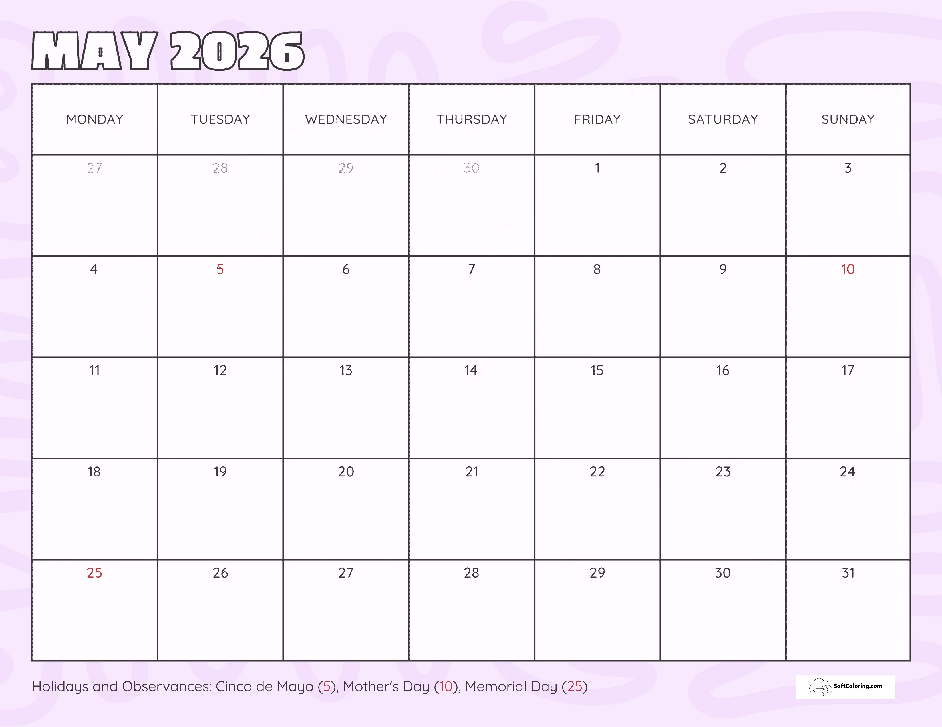 Simple Lilac - May 2026 Monday Calendar