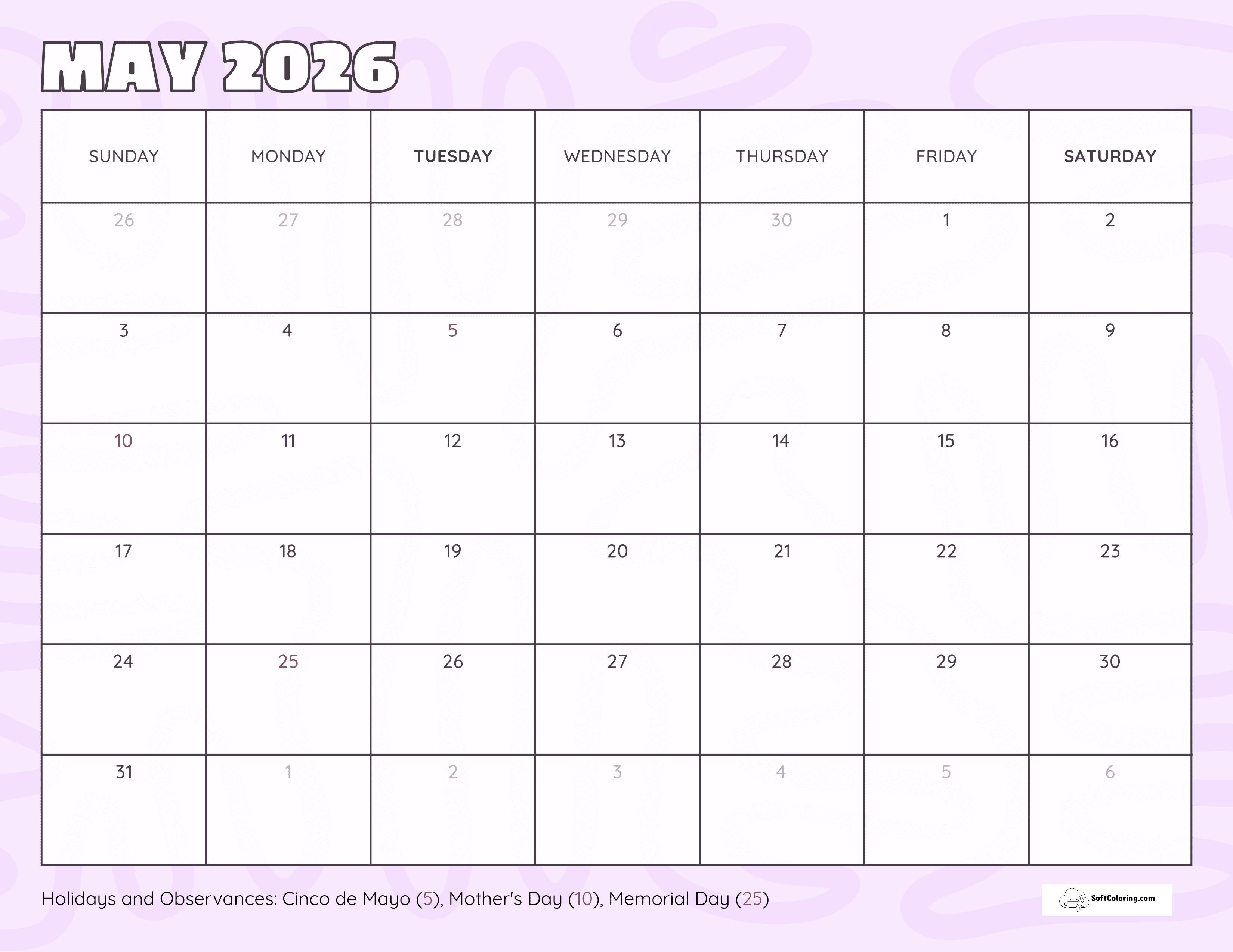 Lilac Blank 2026 May Printable Calendar Template