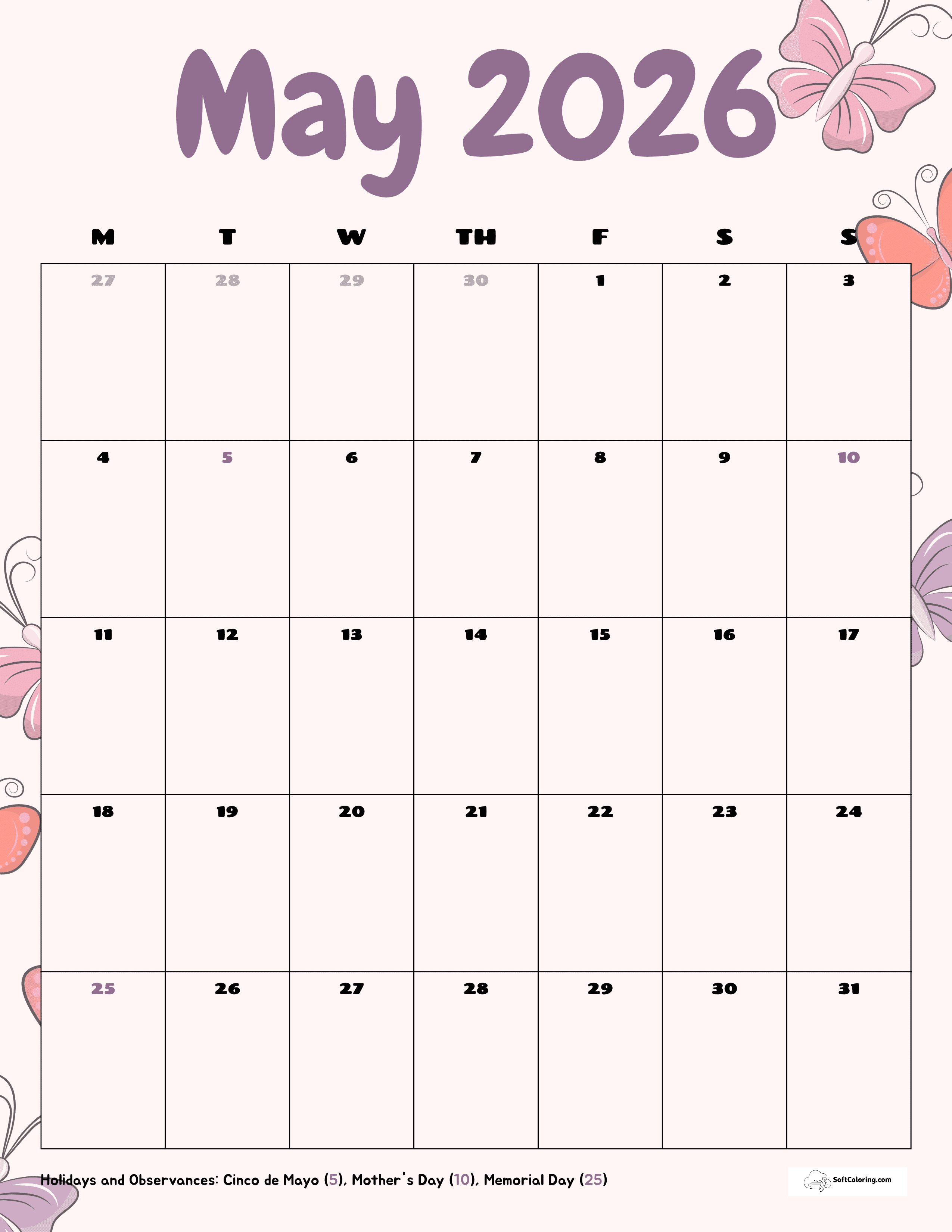 Butterflies - May 2026 Monday Calendar