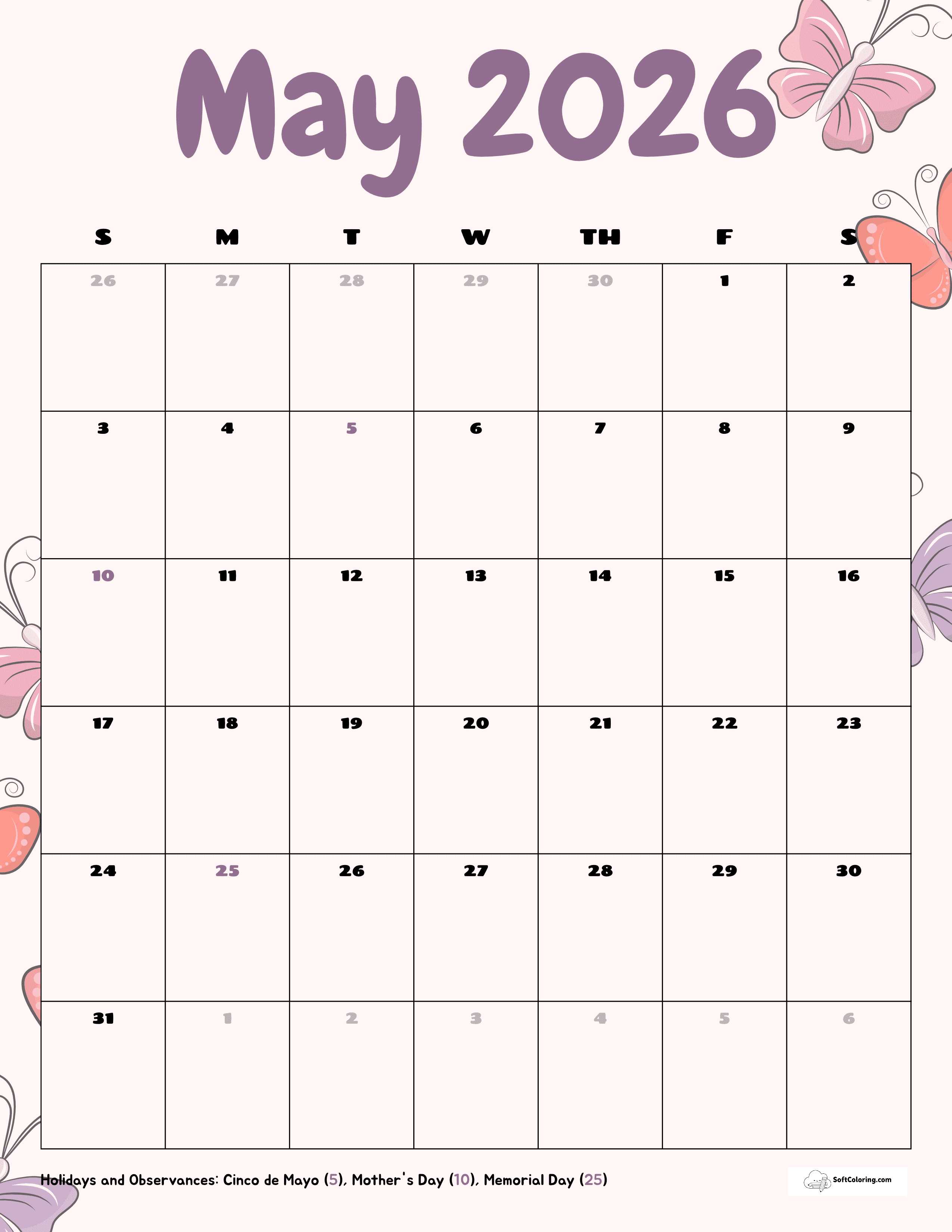 Springtime Butterflies Portrait May 2026 Calendar Download