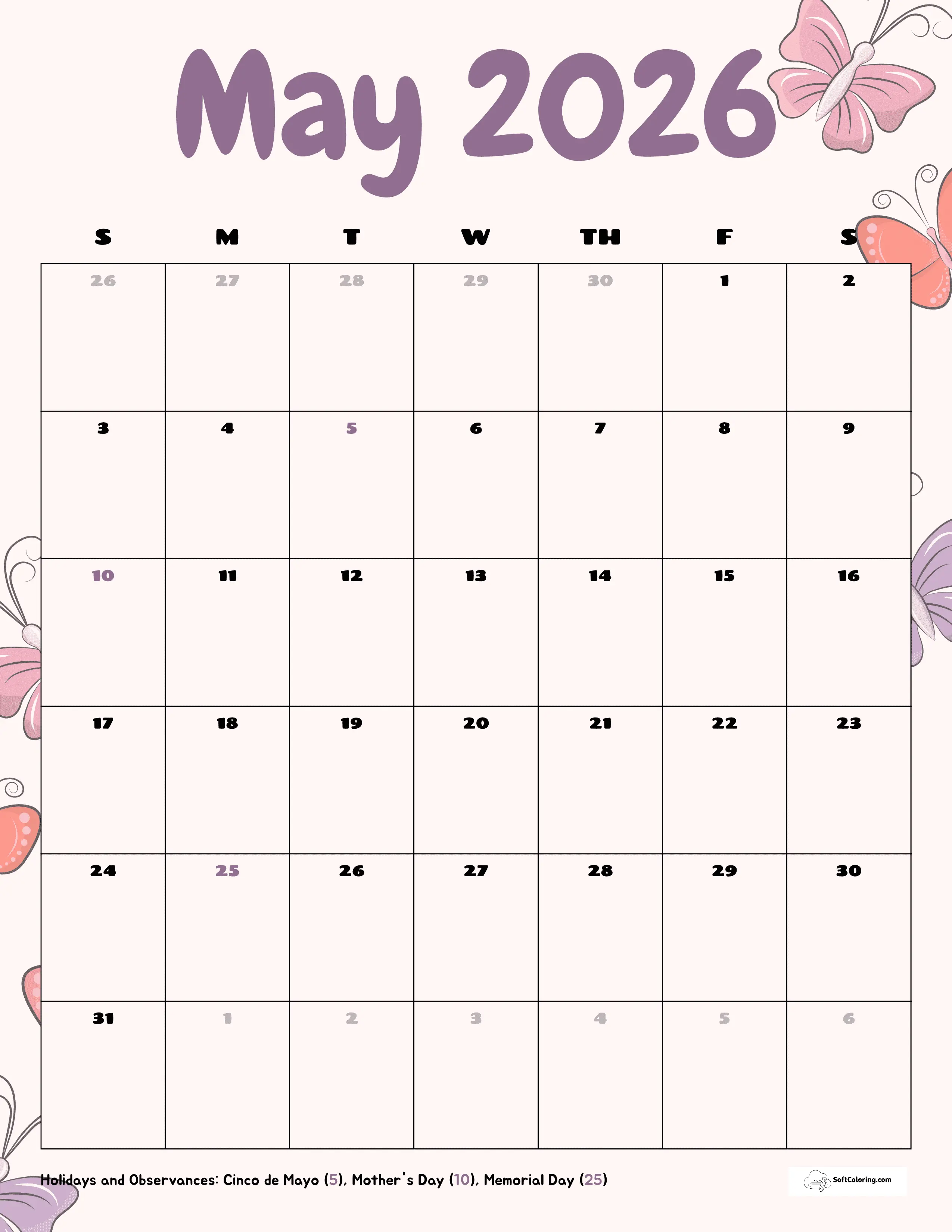 Springtime Butterflies Portrait May 2026 Calendar Download