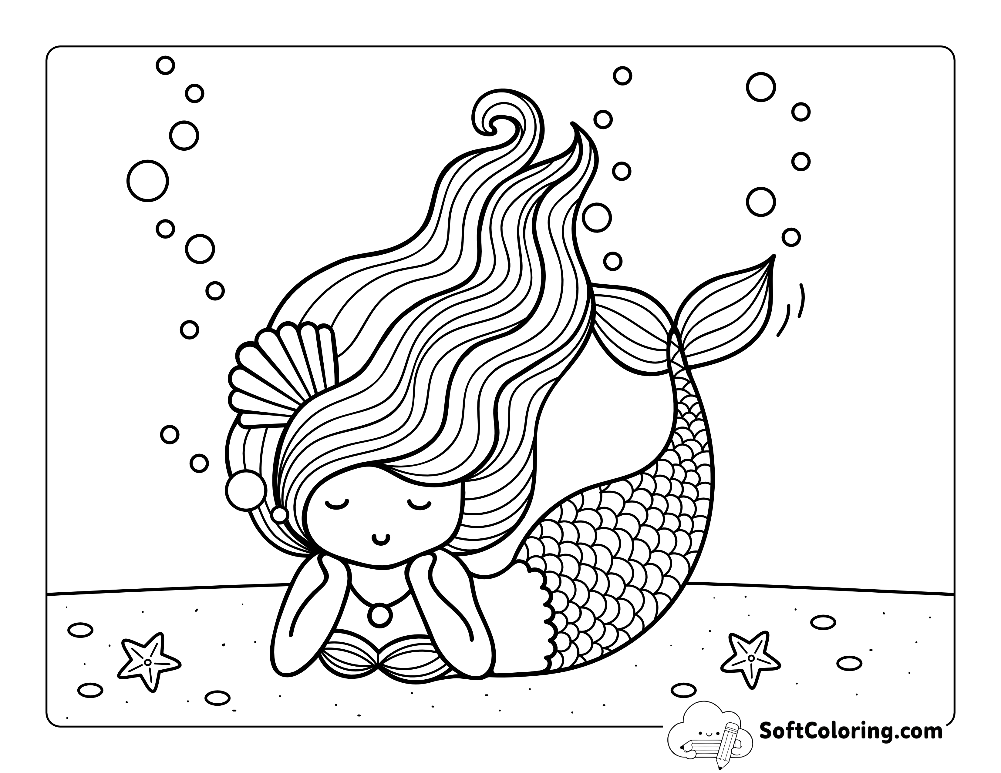 Pretty Mermaid Coloring Page with Shell