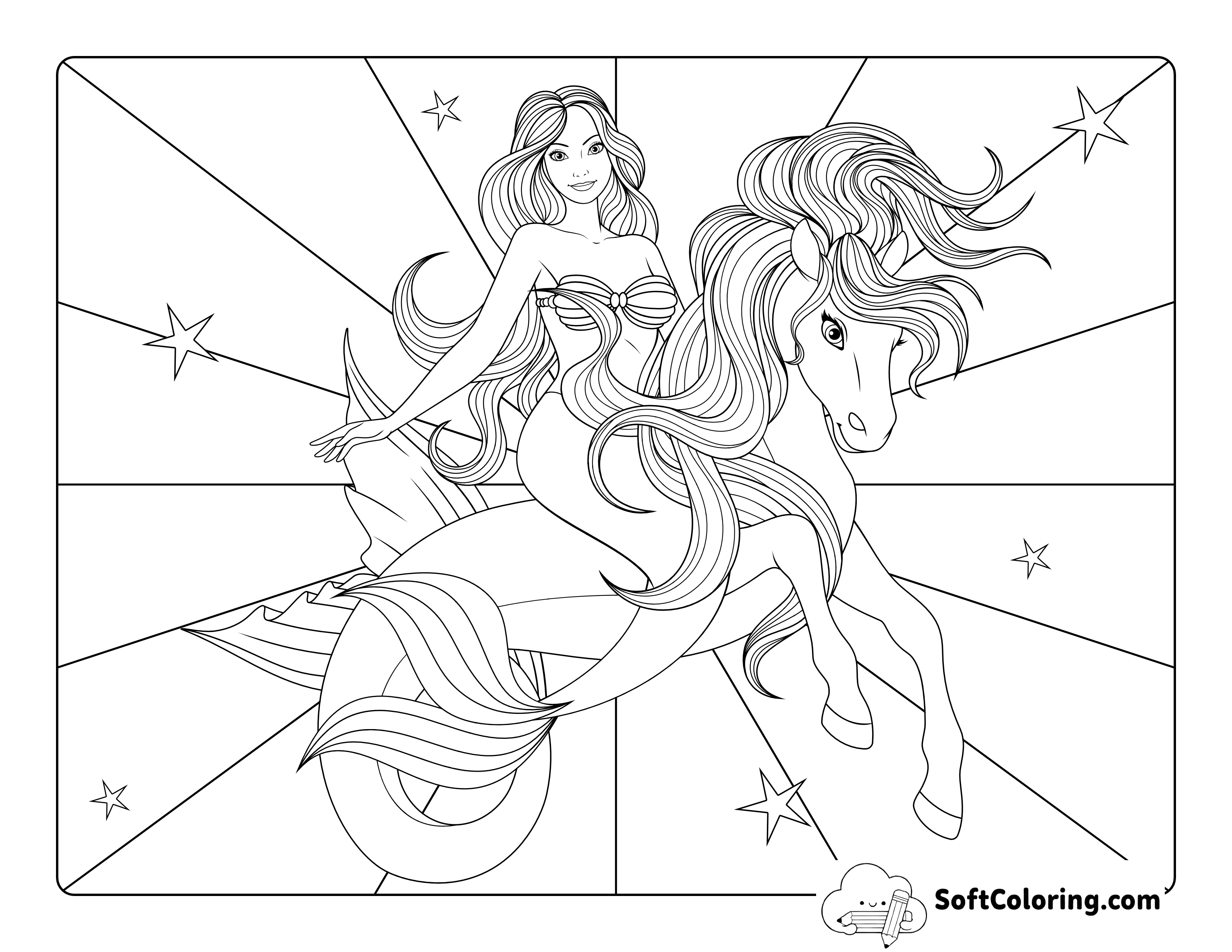 Mermaid on Majestic Seahorse Coloring Page