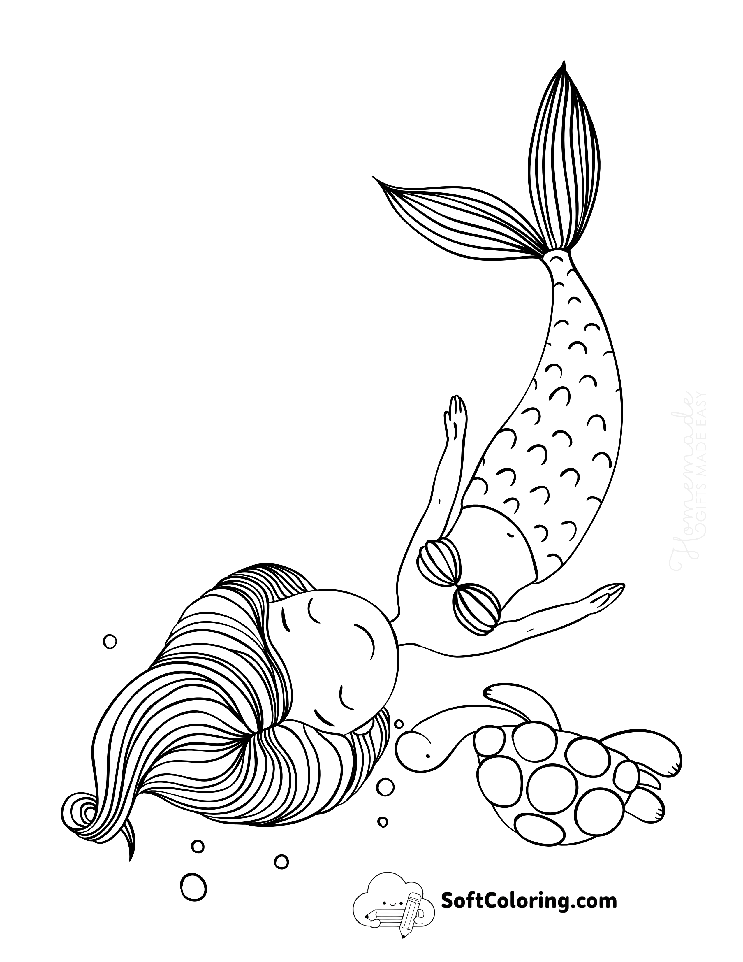Cute Mermaid with Turtle Coloring Page