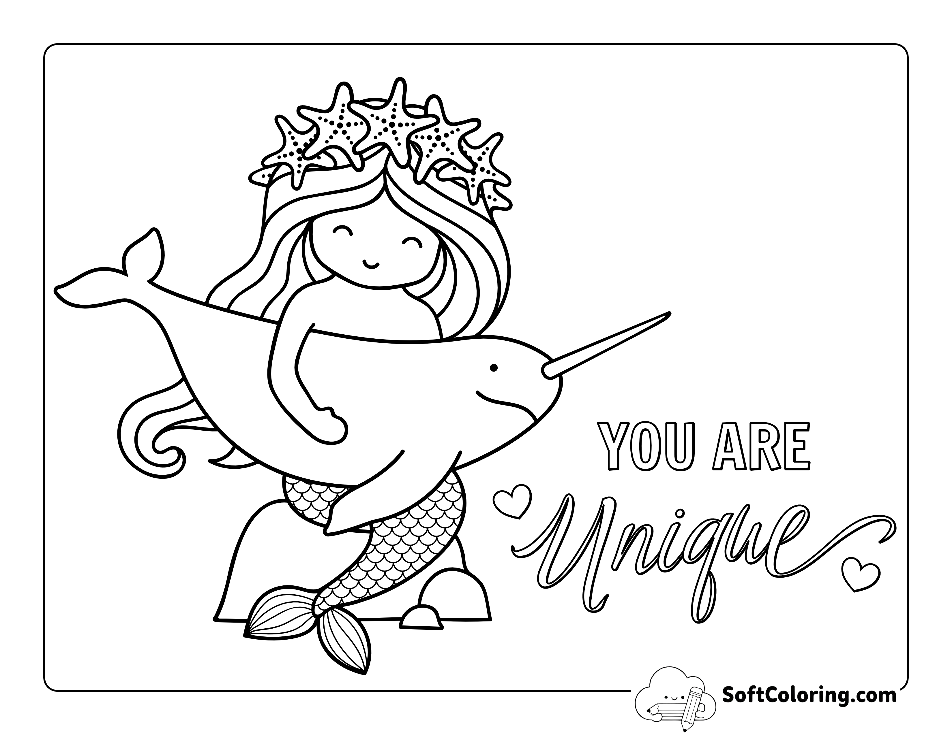 Narwhal and Mermaid Coloring Sheet