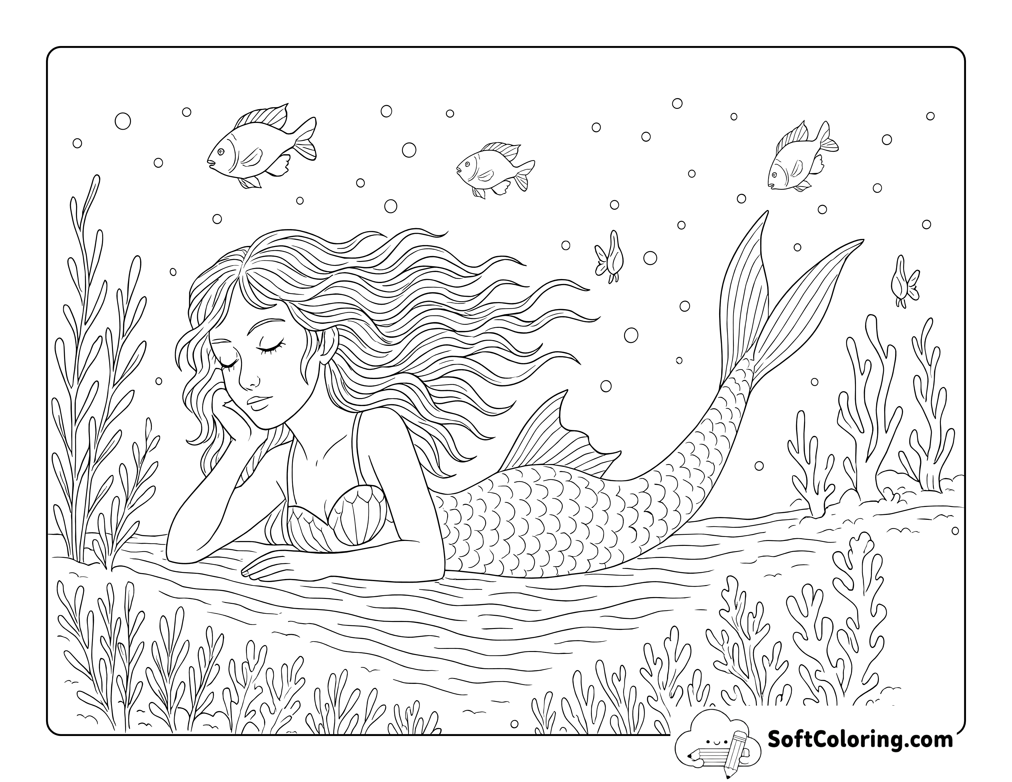 *NEW* Beautiful Mermaid Resting On Ocean Floor Drawing to Color