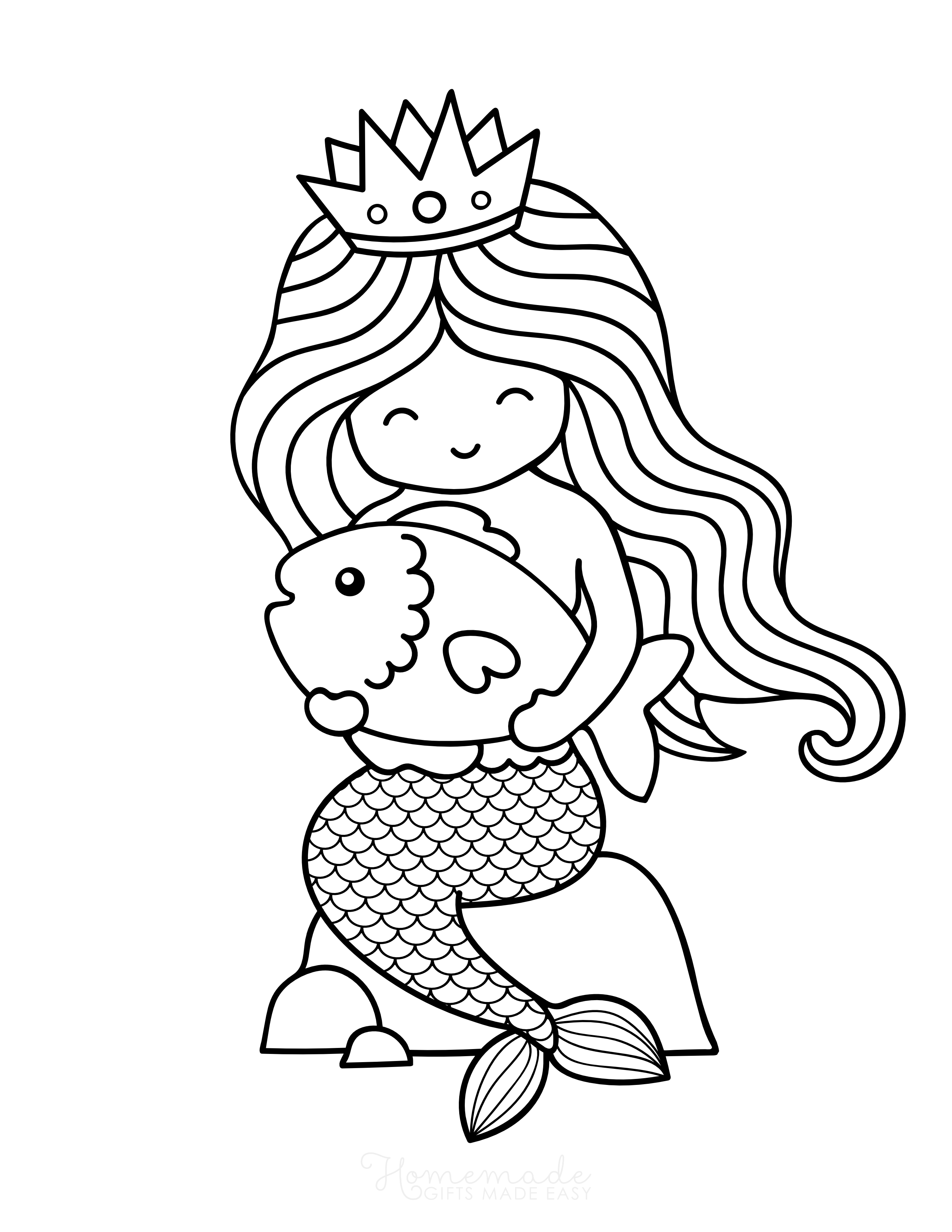 Cute Cartoon Mermaid Princess with Fish Printable to Color