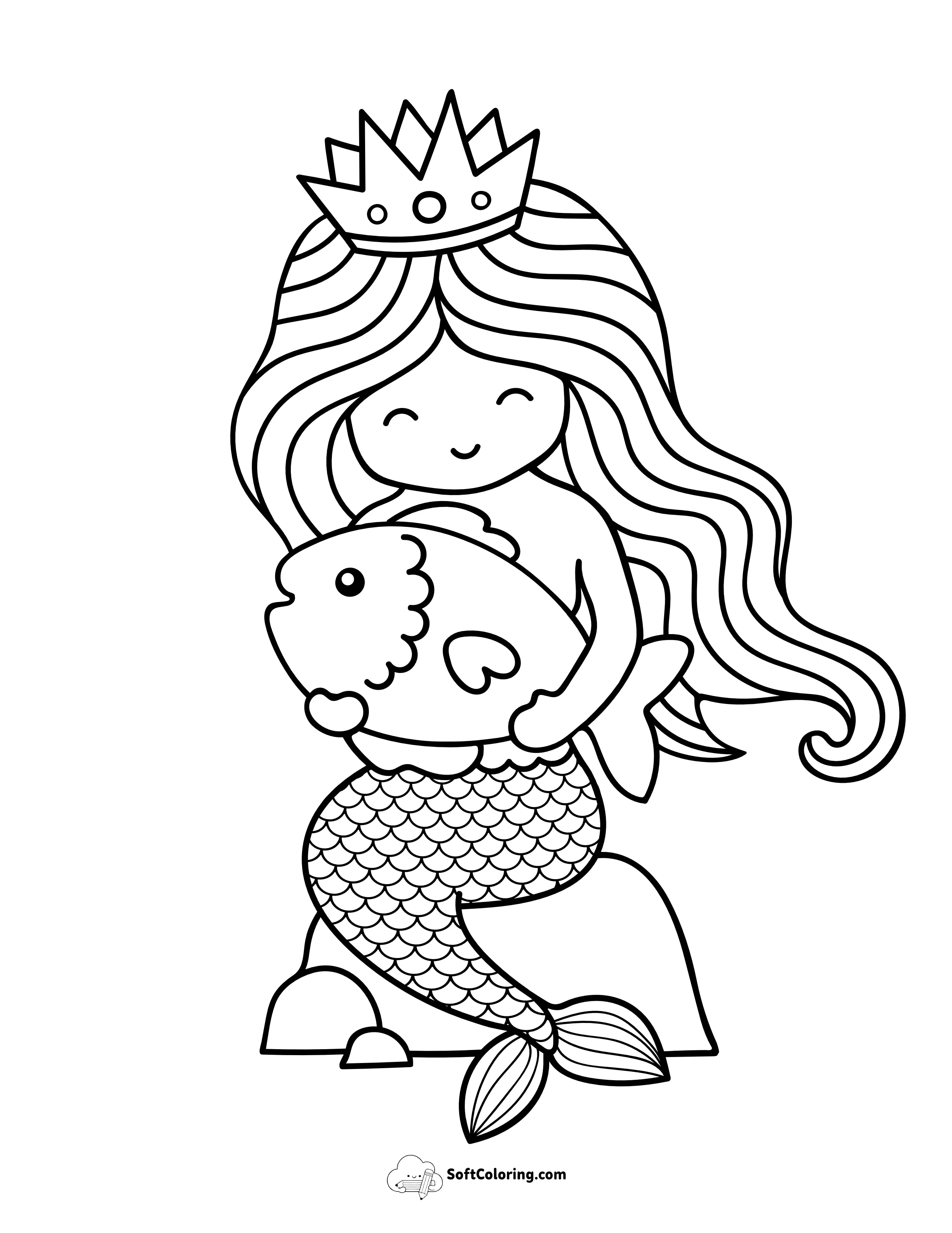 Cute Cartoon Mermaid Princess With Fish Printable To Color