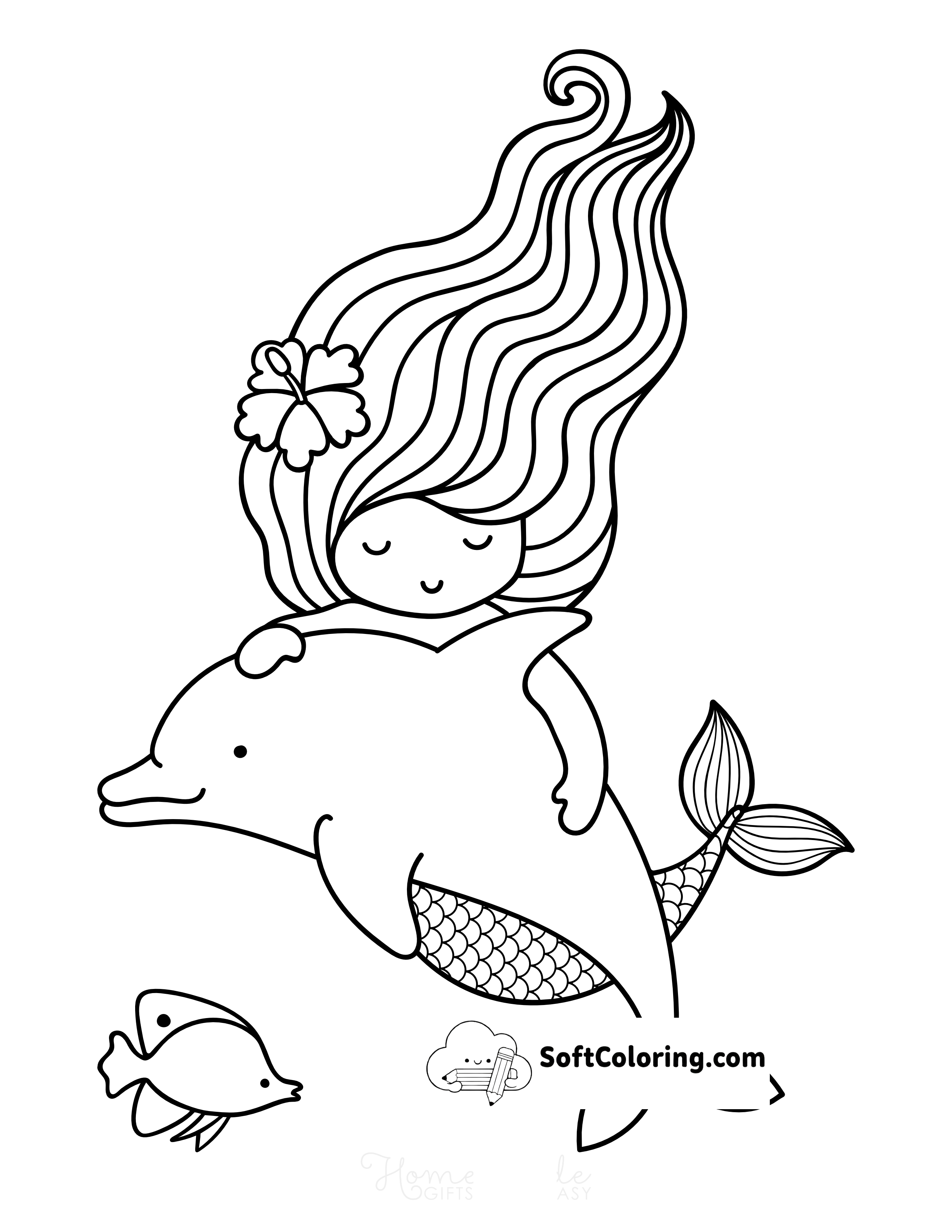 Mermaid with Baby Dolphin Coloring Sheet