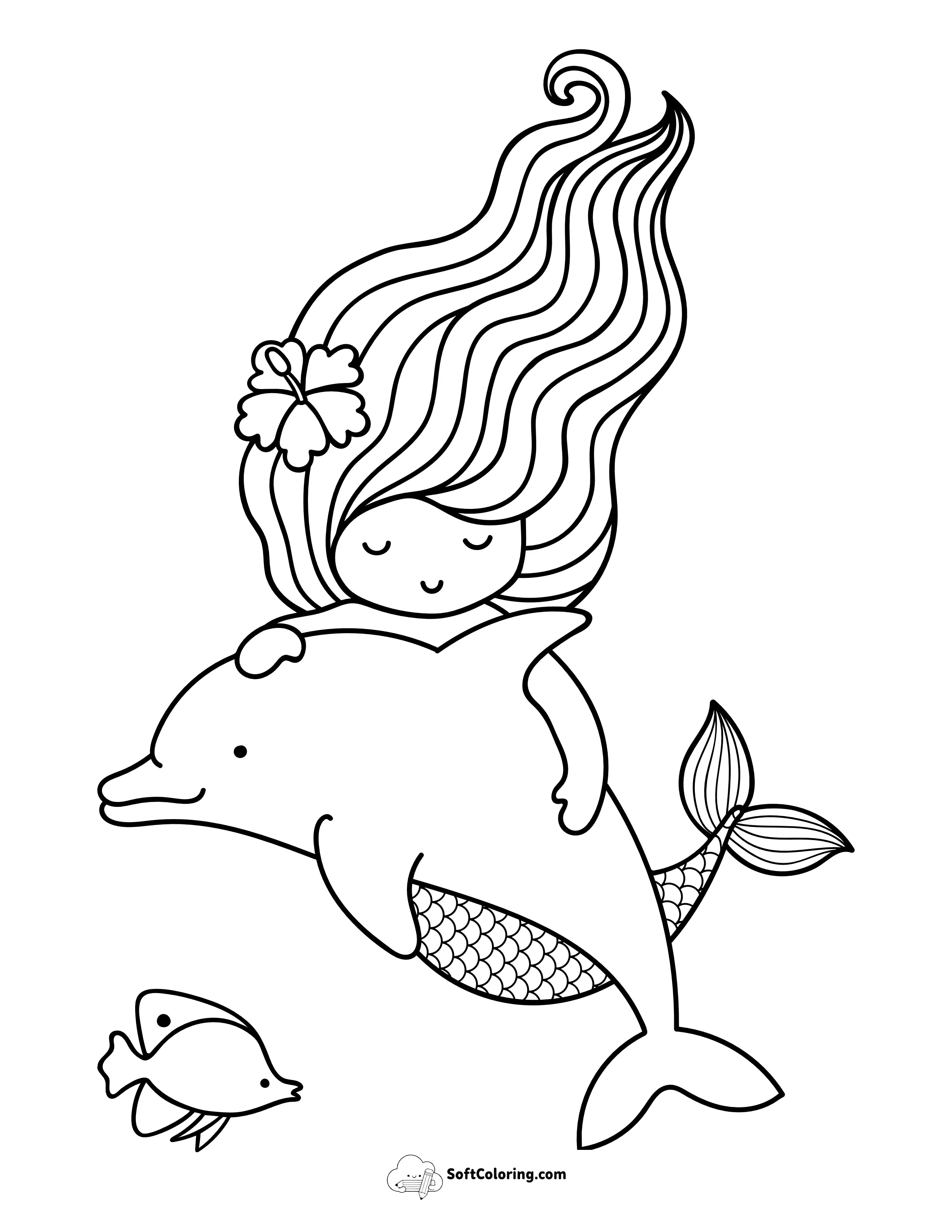 Mermaid With Dolphin Coloring Sheet