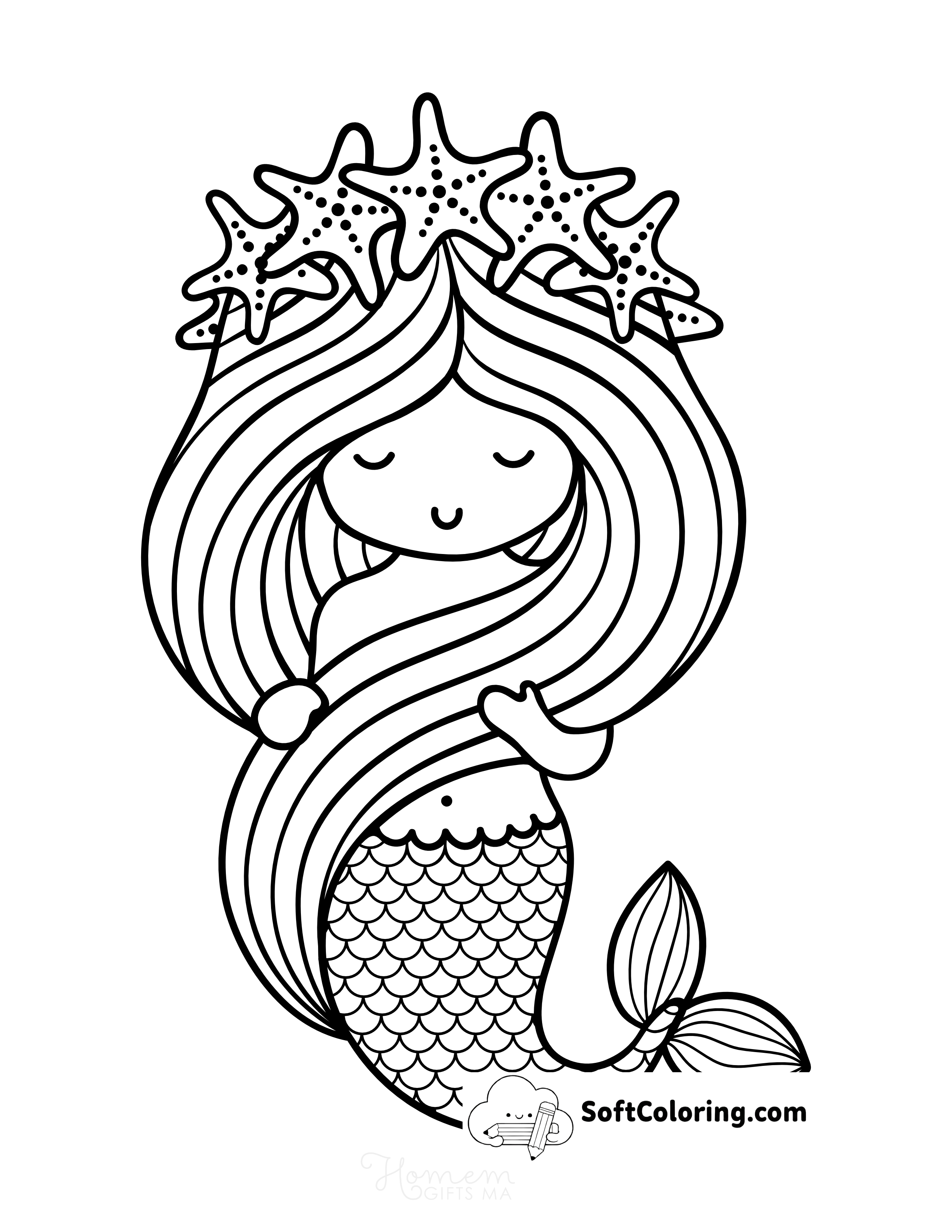 Cute Mermaid with Starfish Crown Coloring Sheet