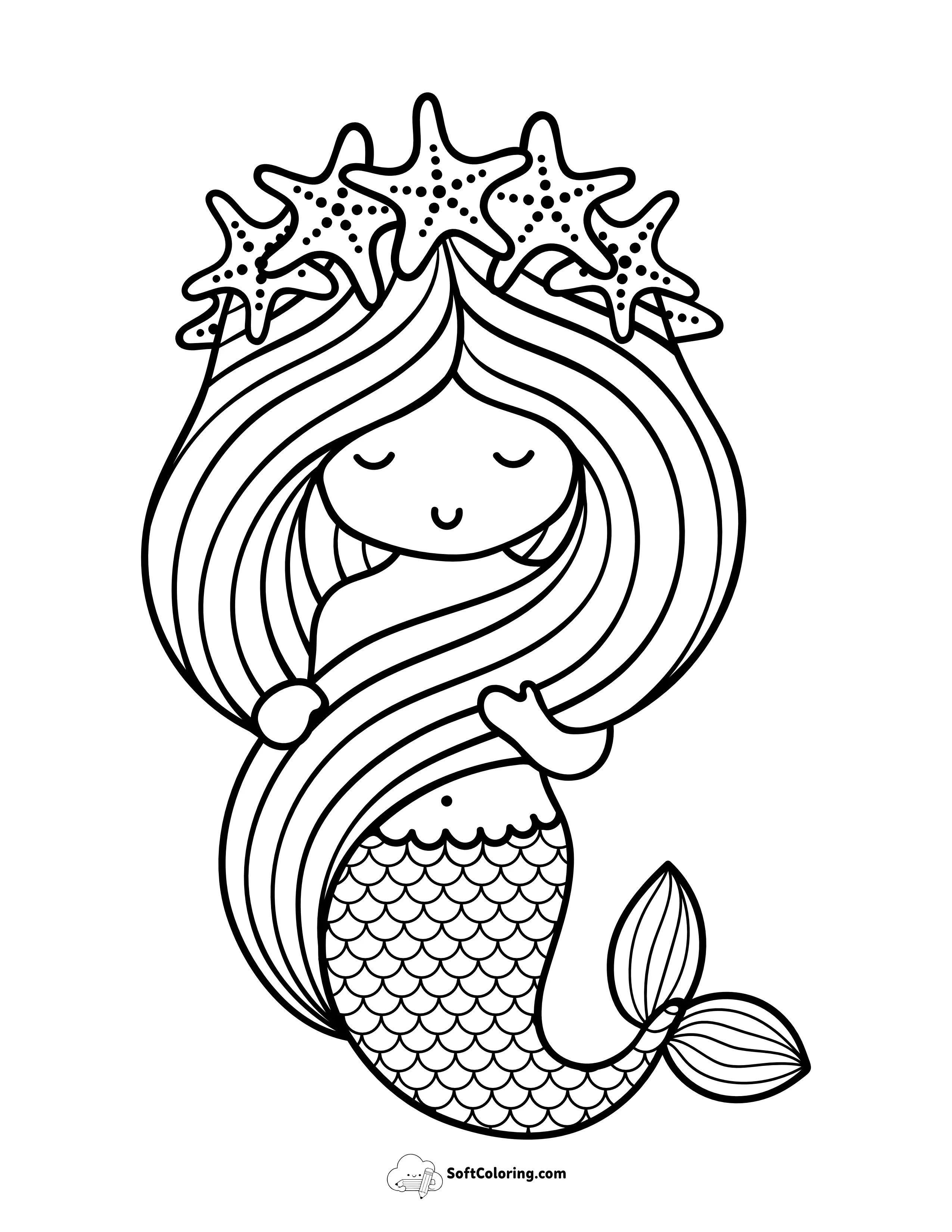 Cute Mermaid With Starfish Crown Coloring Sheet