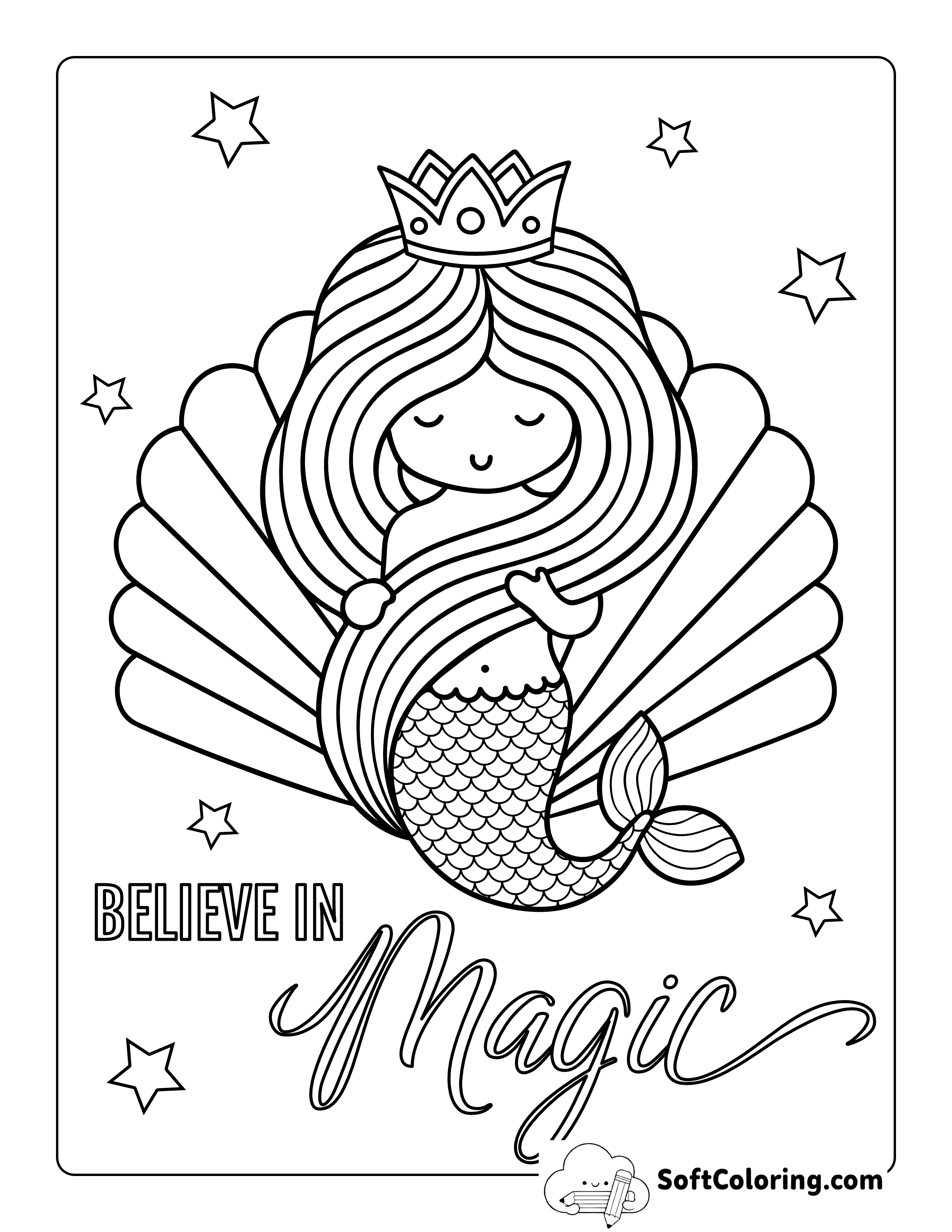 Crowned Mermaid with Clam Shell Coloring Page
