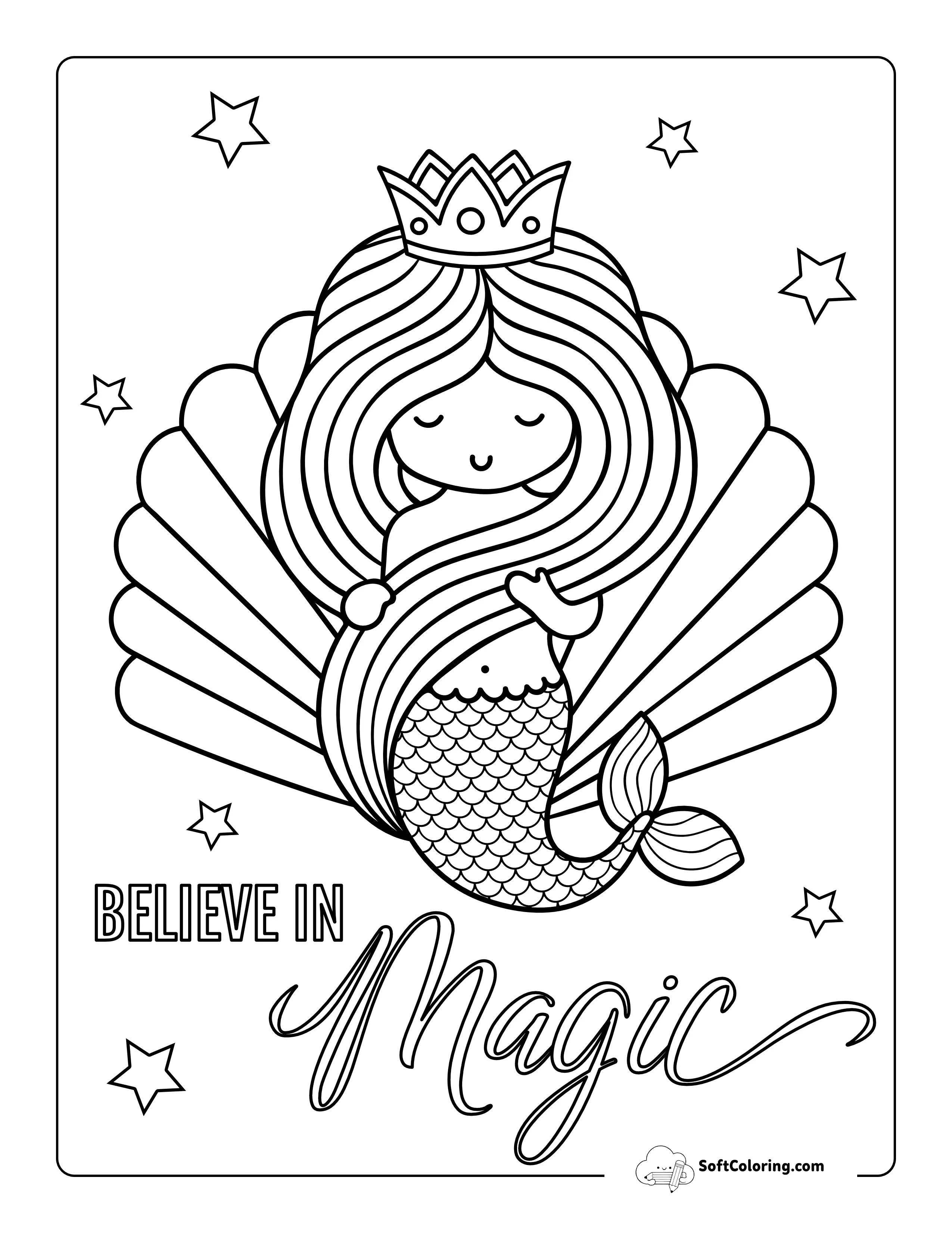 Crowned Mermaid With Clam Shell Coloring Page