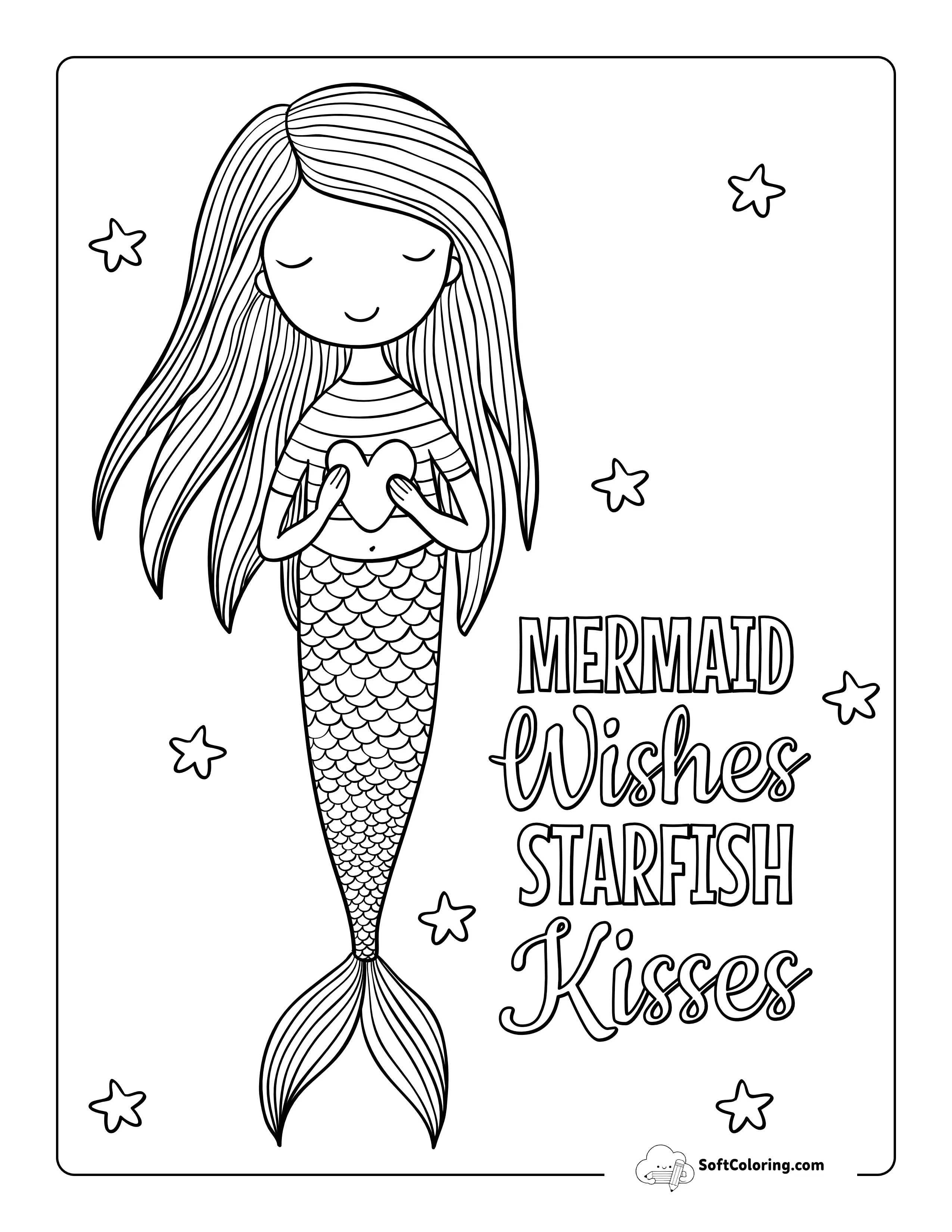 Sweet Mermaid Holding A Heart Coloring Page