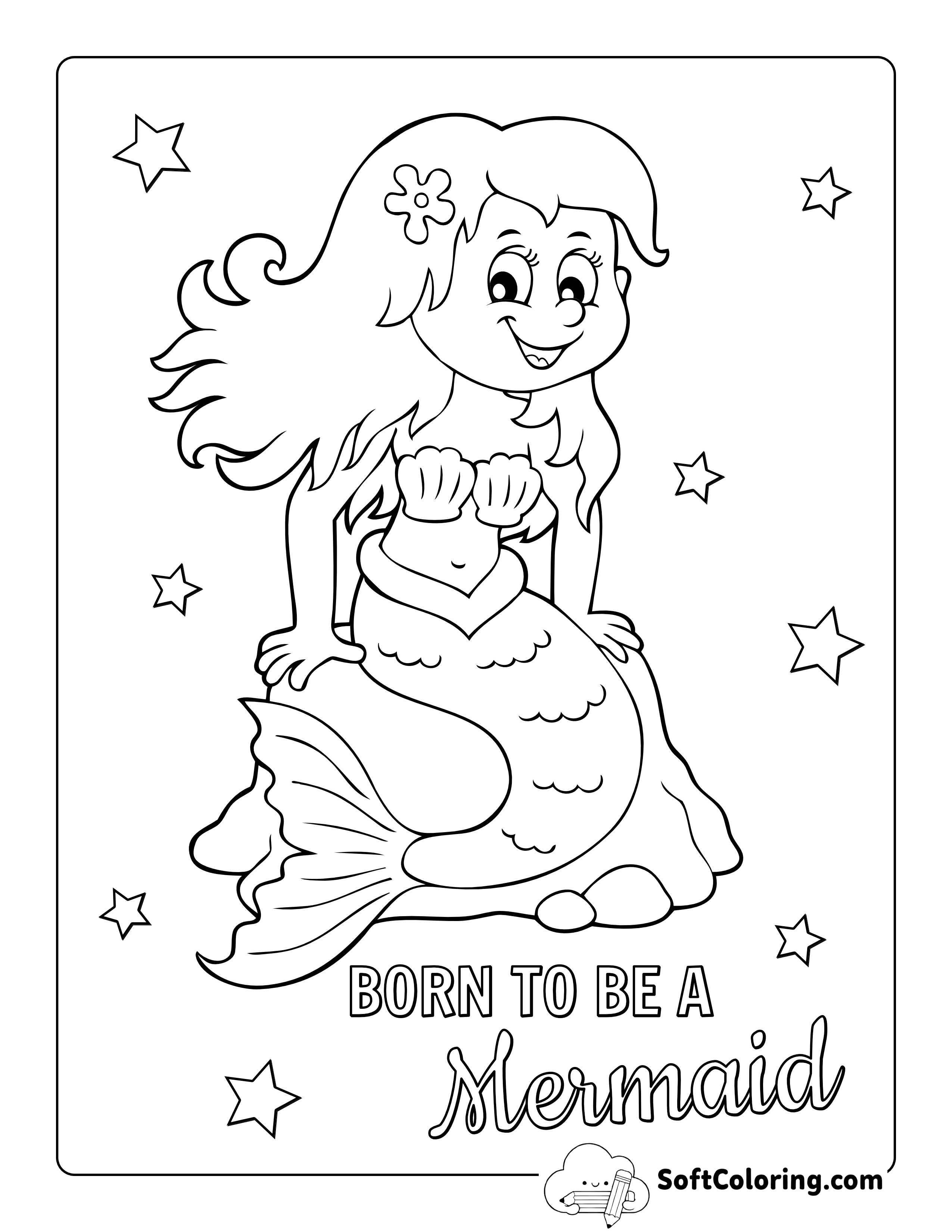 Cartoon Mermaid Sitting on Rock to Color