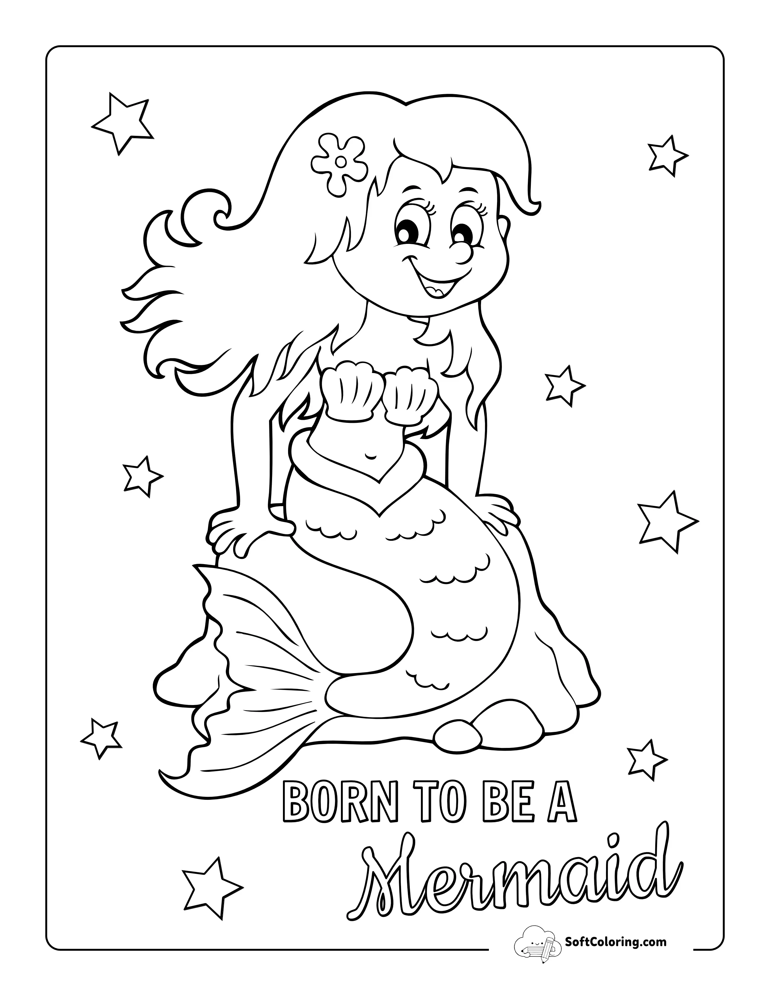 Cartoon Mermaid Sitting On Rock To Color