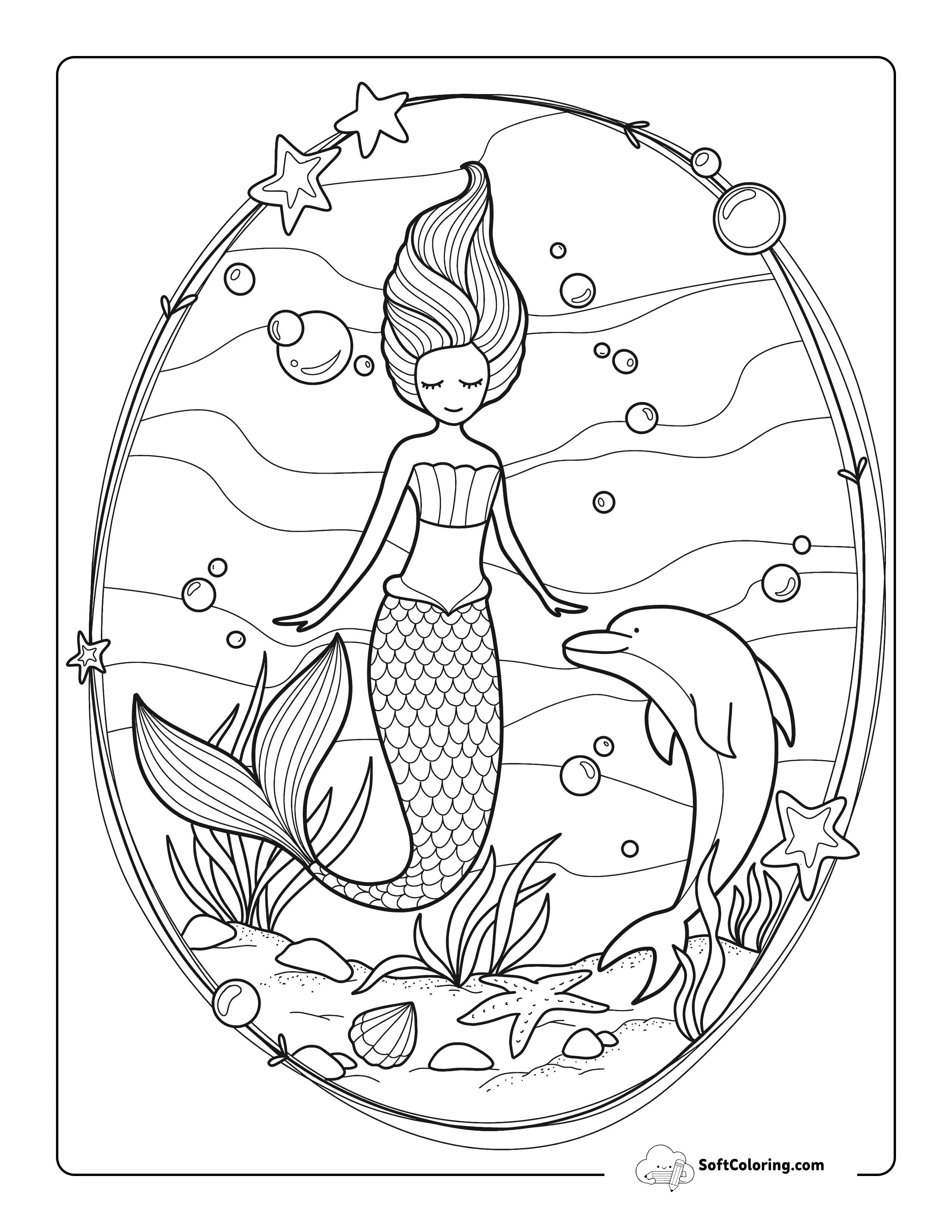 *New* Dolphin And Beautiful Mermaid Coloring Page