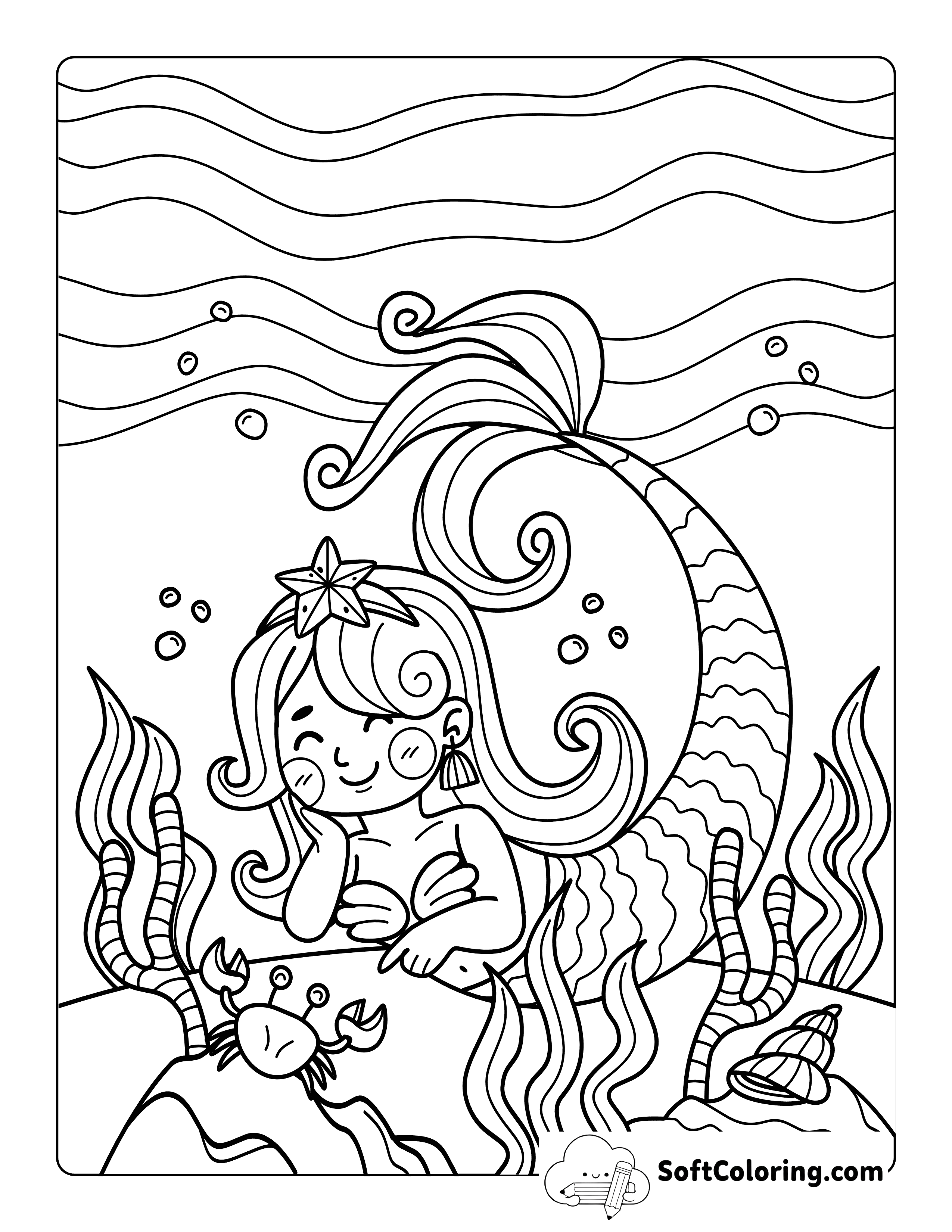 *NEW* Cute Mermaid with Sea Creatures Picture to Color