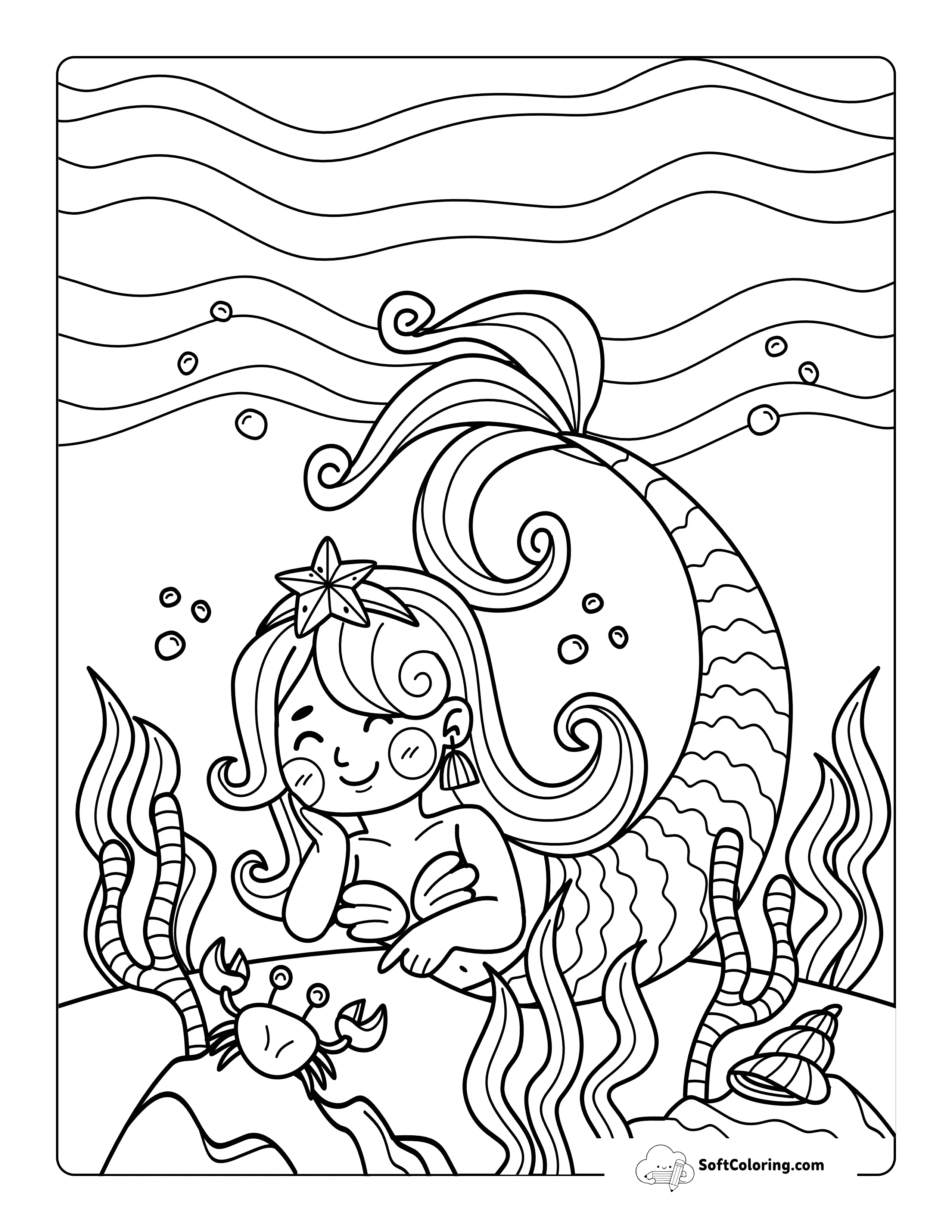 *New* Cute Mermaid With Sea Creatures Picture To Color