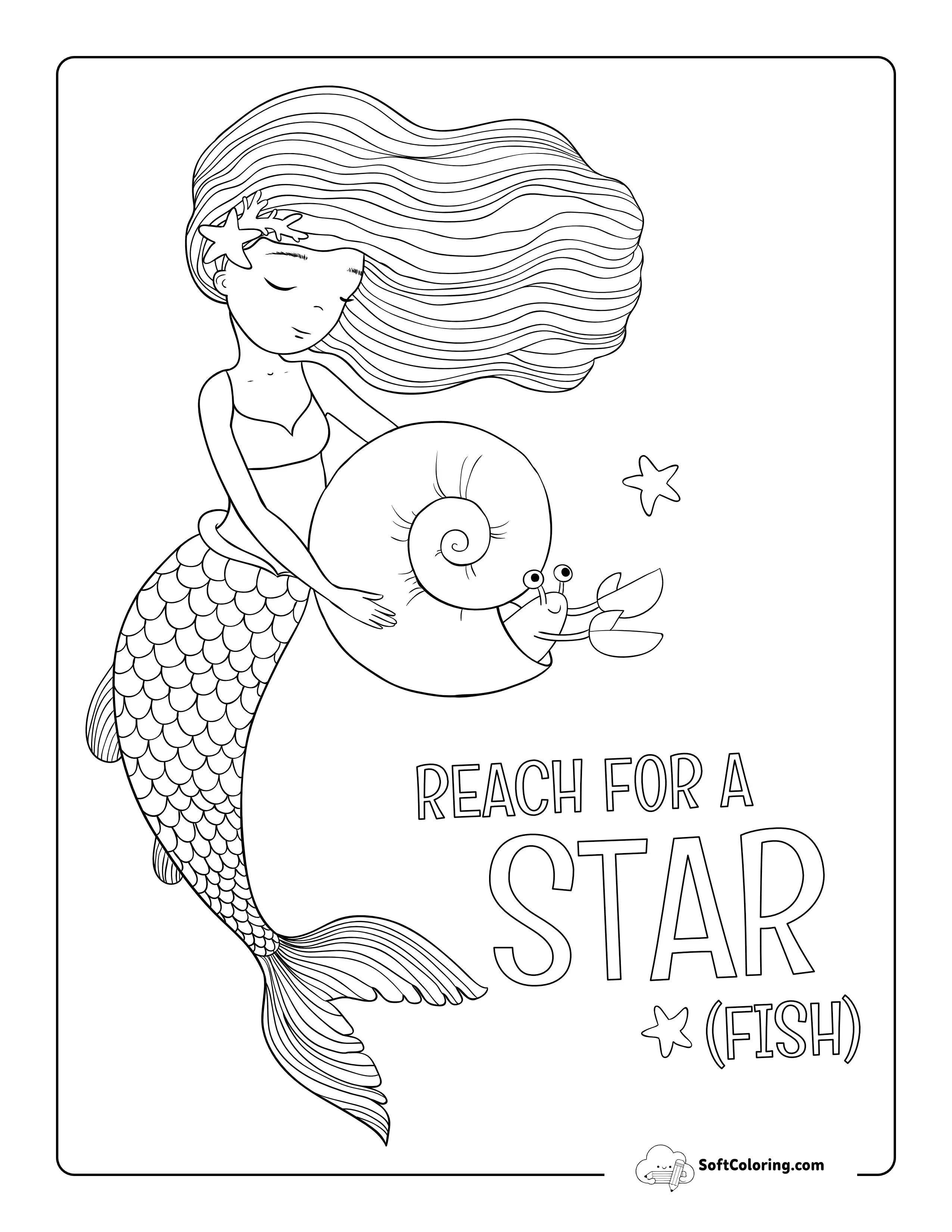 Beautiful Mermaid With Hermit Crab To Color