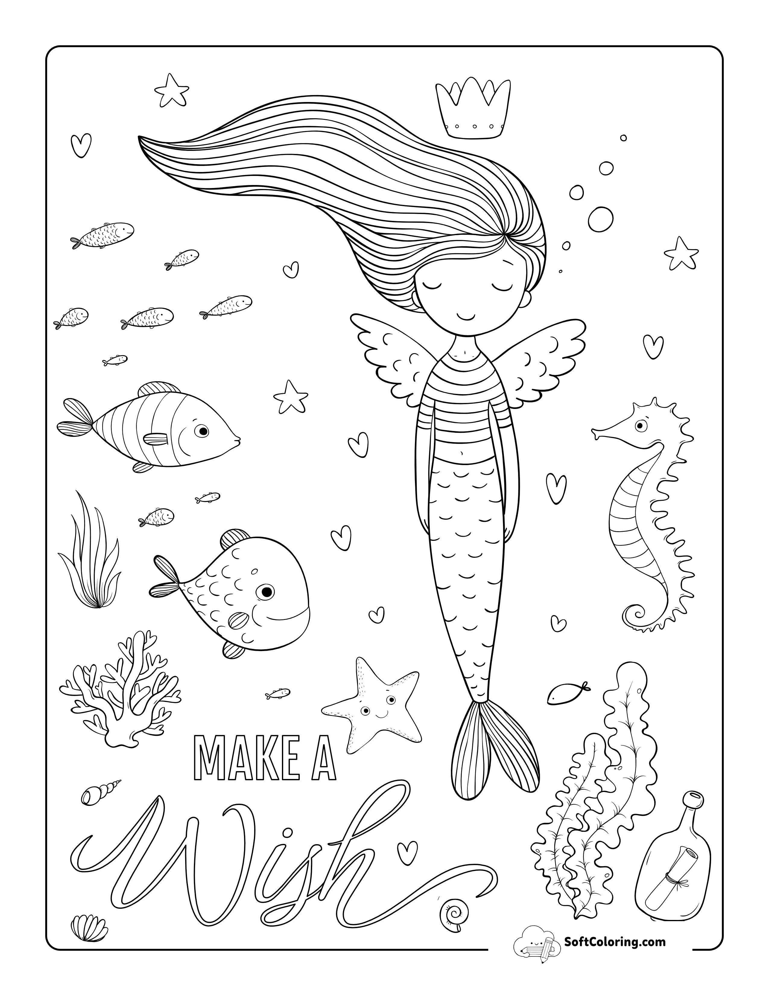 Fairy Mermaid With Sea Creatures Coloring Page