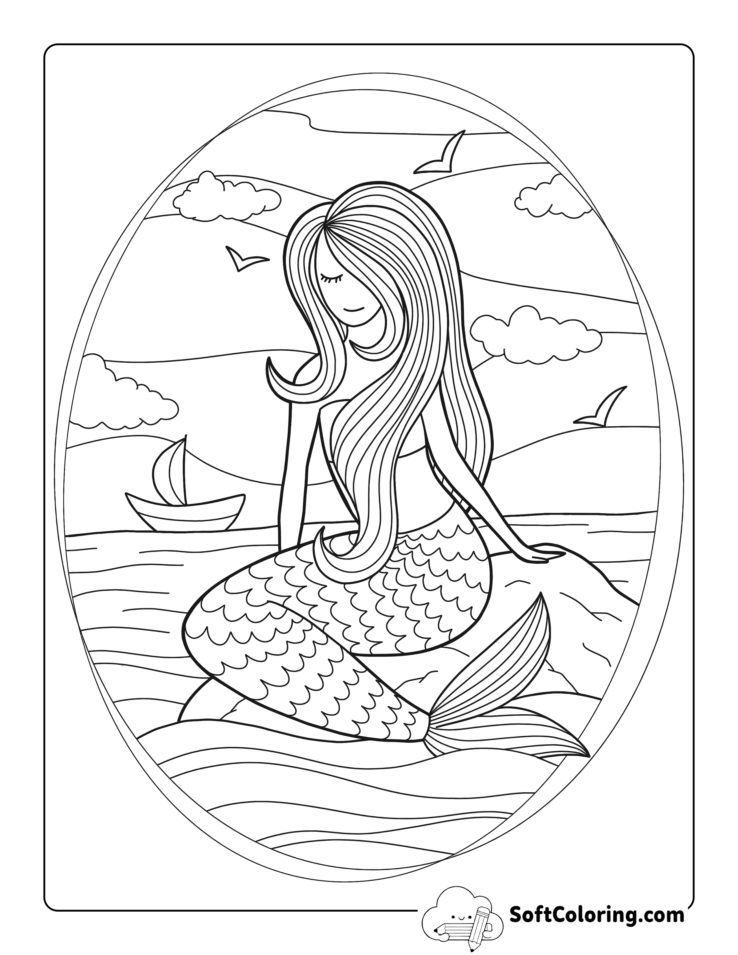 Beautiful Mermaid Lounging on a Rock Coloring Sheet