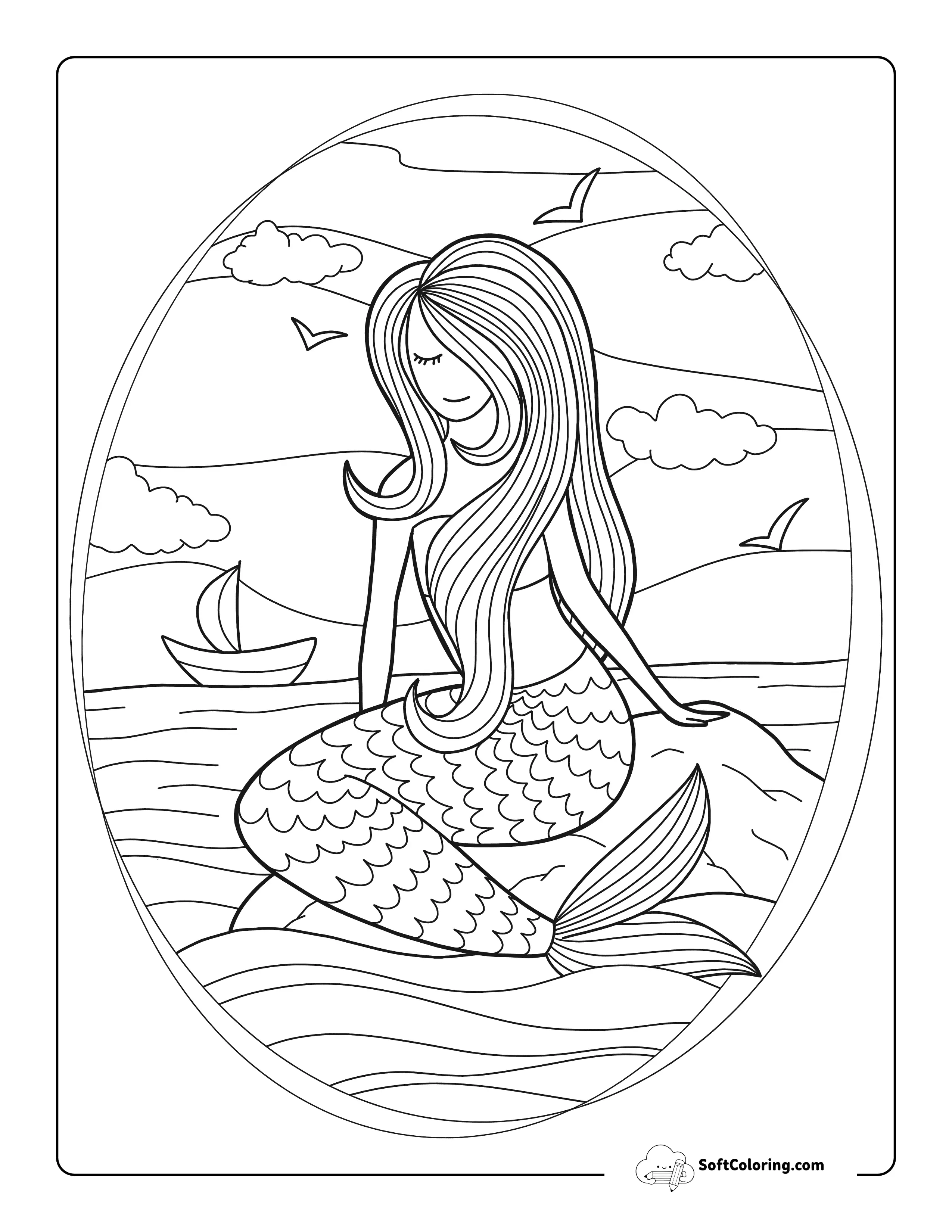 Beautiful Mermaid Lounging On A Rock Coloring Sheet