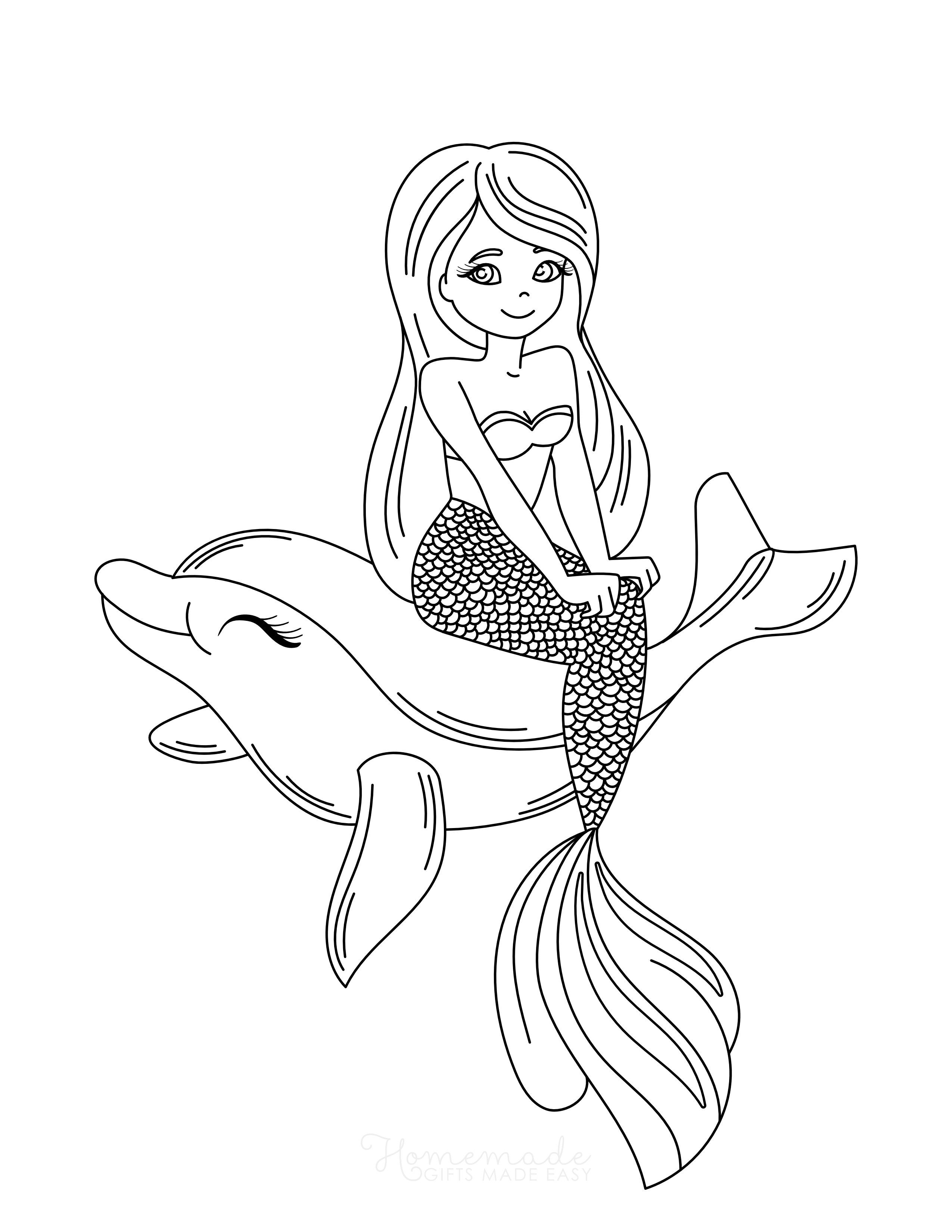 Mermaid Sitting on Happy Dolphin Coloring Sheet