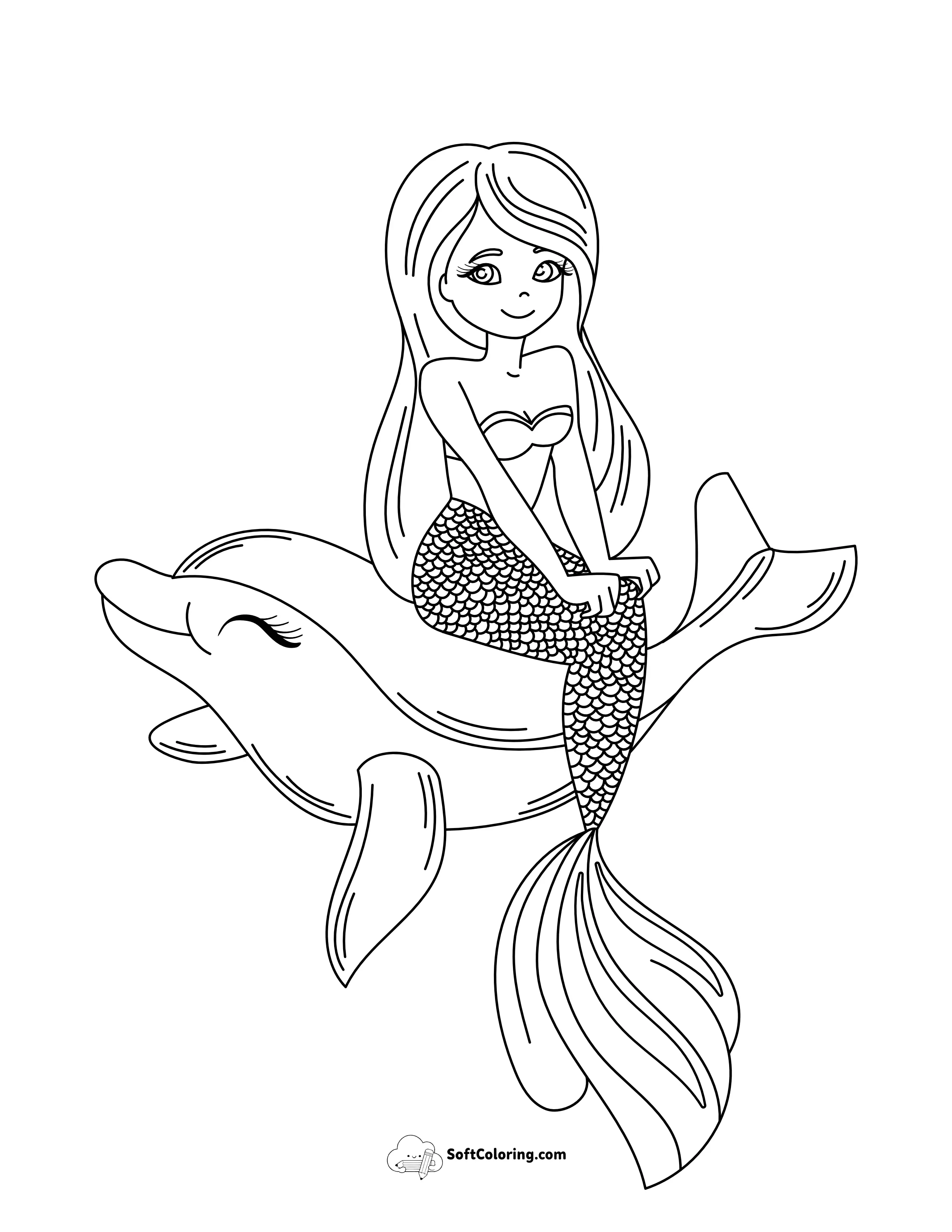 Mermaid Sitting On Dolphin Coloring Sheet