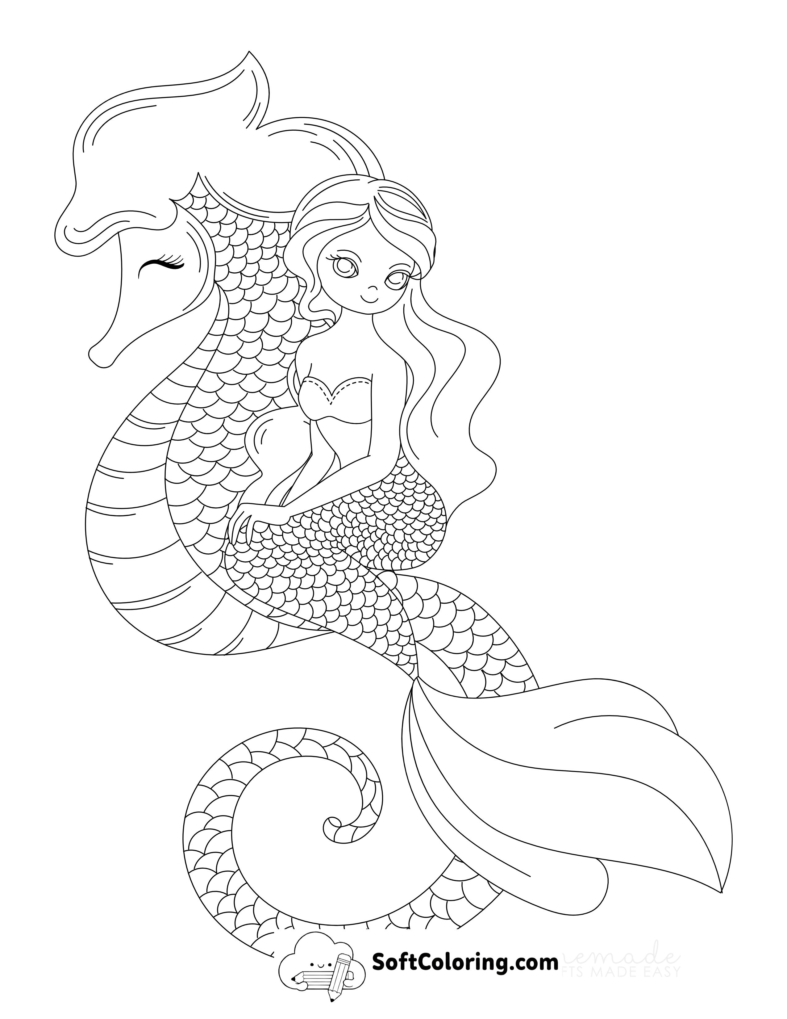 Seahorse and Mermaid Coloring Page