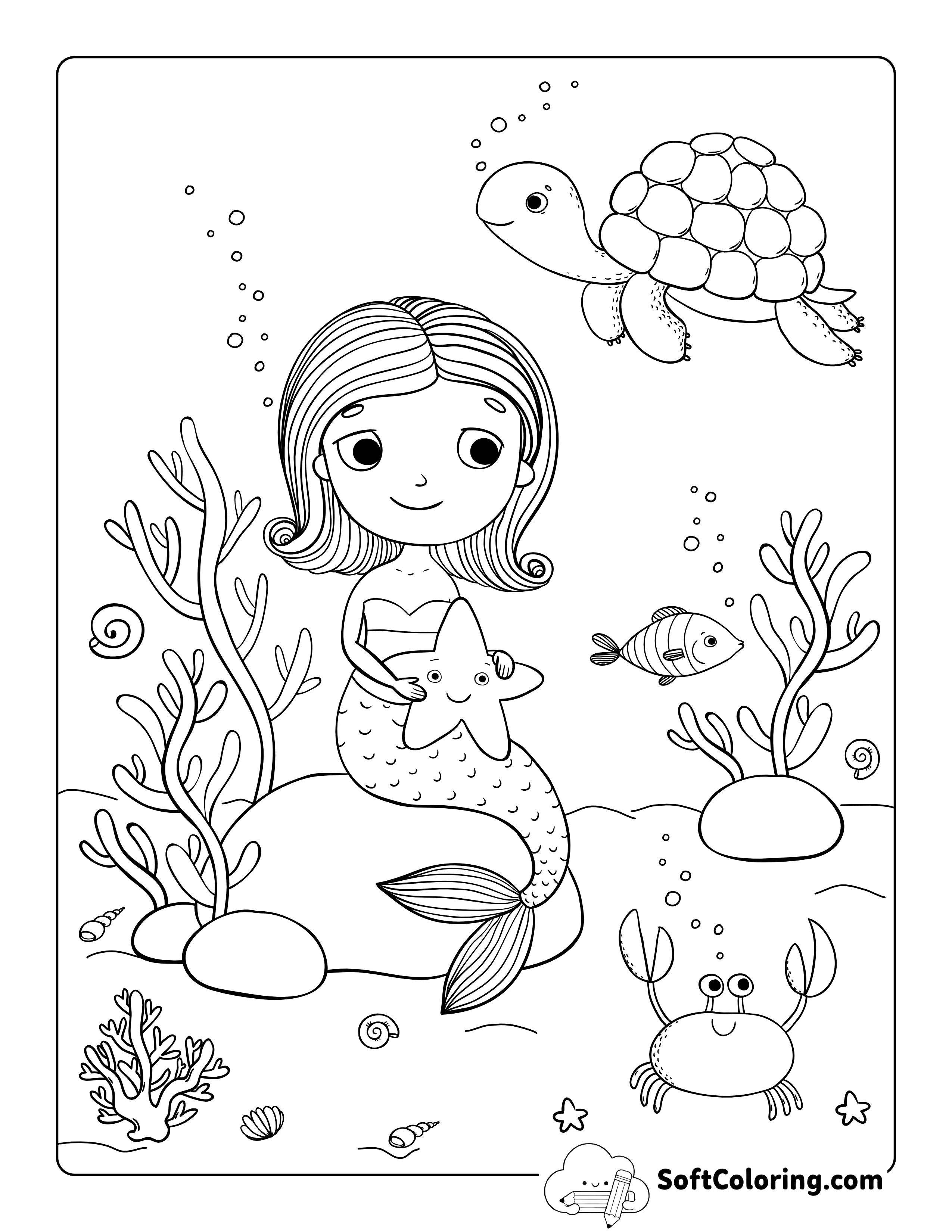 Girl Mermaid & Sea Creatures Coloring Sheet